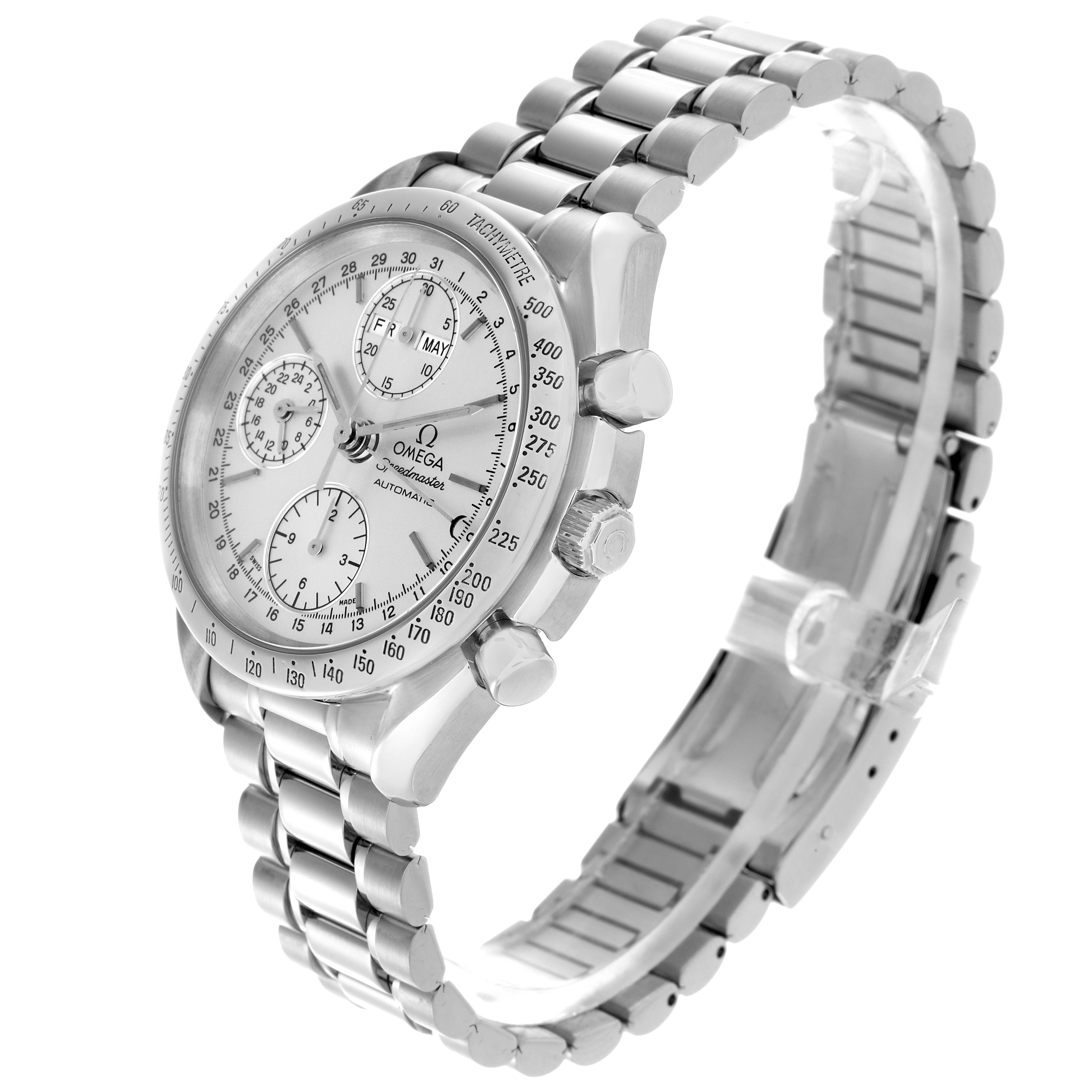 The Omega Speedmaster 3521.30.00 Men
s Stainless Steel Silver Dial 3521.30.00 Men
s Stainless Steel Silver Dial is shown from a three-quarter angle, displaying the dial, tachymeter, crown, pushers, and bracelet.