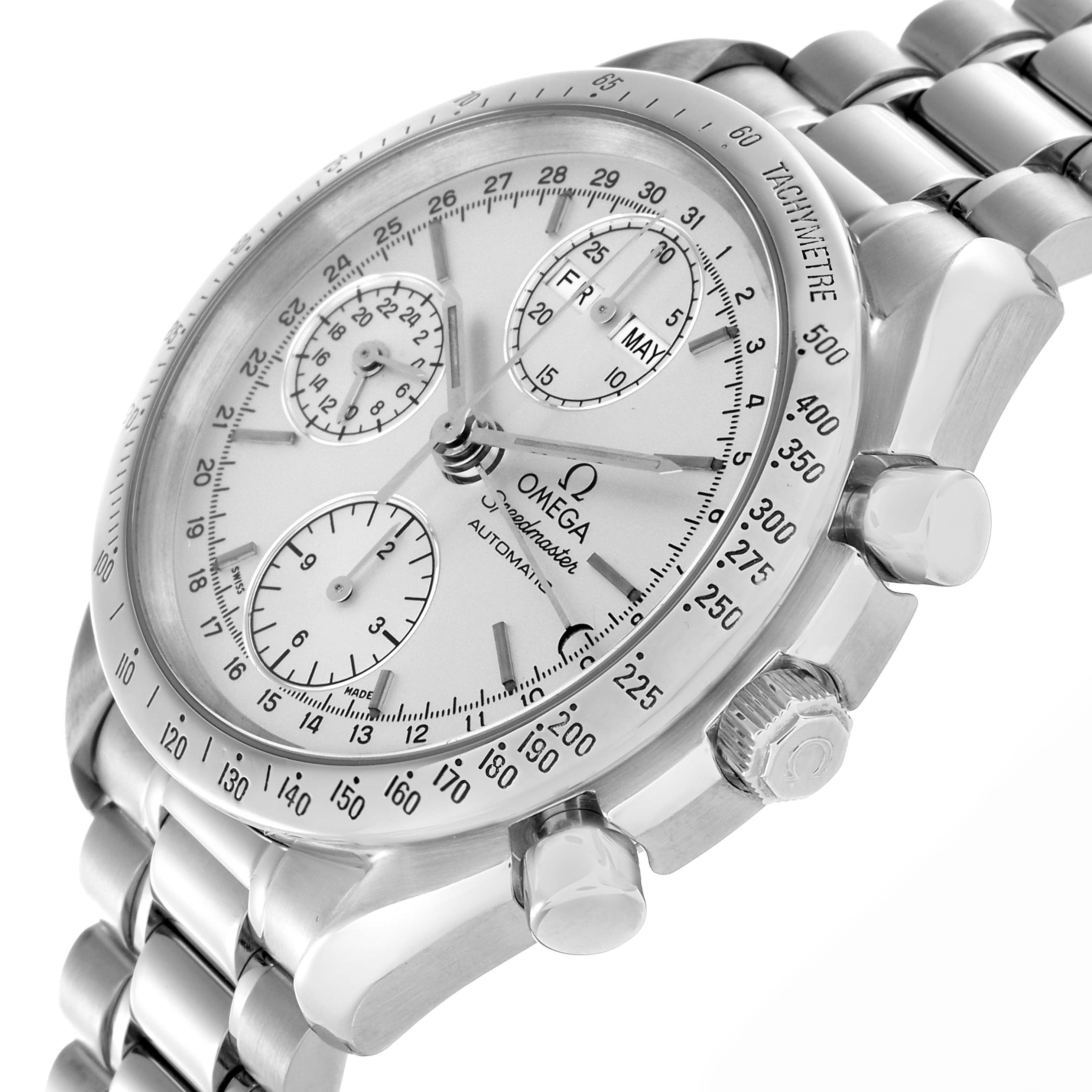 The Omega Speedmaster 3521.30.00 Men
s Stainless Steel Silver Dial 3521.30.00 Men
s Stainless Steel Silver Dial watch is shown at an angled view highlighting the dial, sub-dials, bezel, crown, and bracelet.