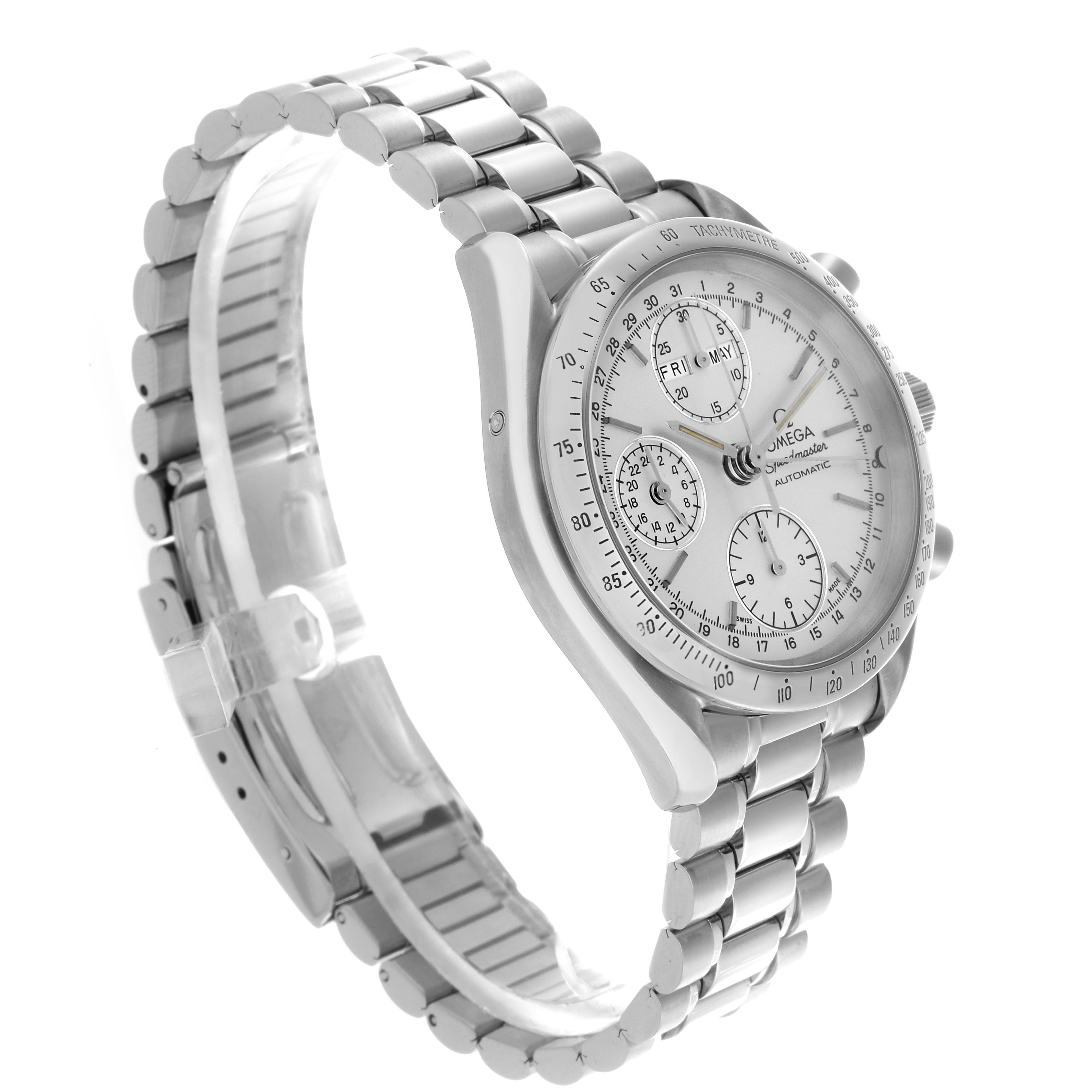 The Omega Speedmaster 3521.30.00 Men
s Stainless Steel Silver Dial 3521.30.00 Men
s Stainless Steel Silver Dial is shown at a three-quarter angle displaying the dial, case, and metal bracelet.