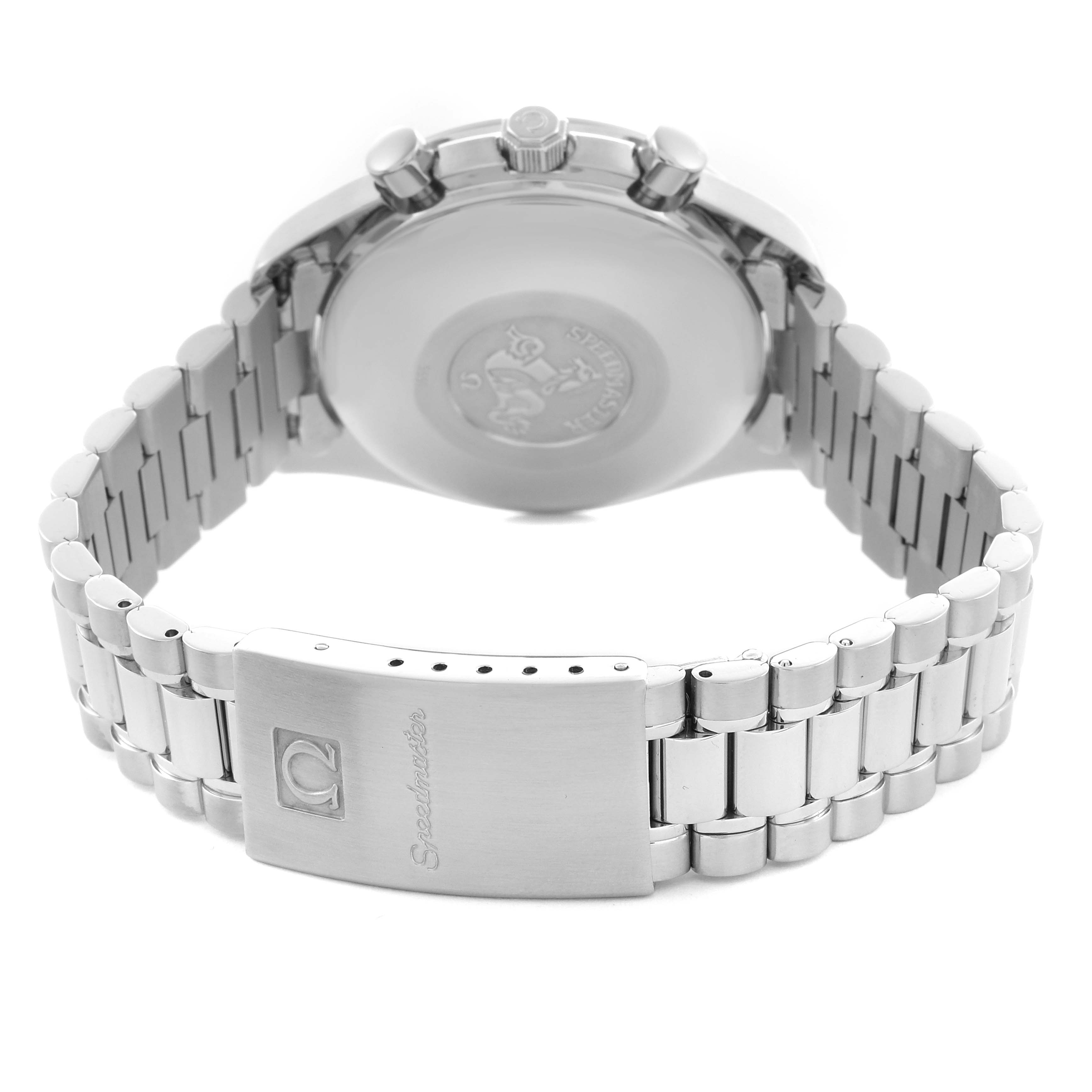 The image shows the back view of an Omega Speedmaster 3521.30.00 Men
s Stainless Steel Silver Dial 3521.30.00 Men
s Stainless Steel Silver Dial, highlighting its case back, bracelet, and clasp.