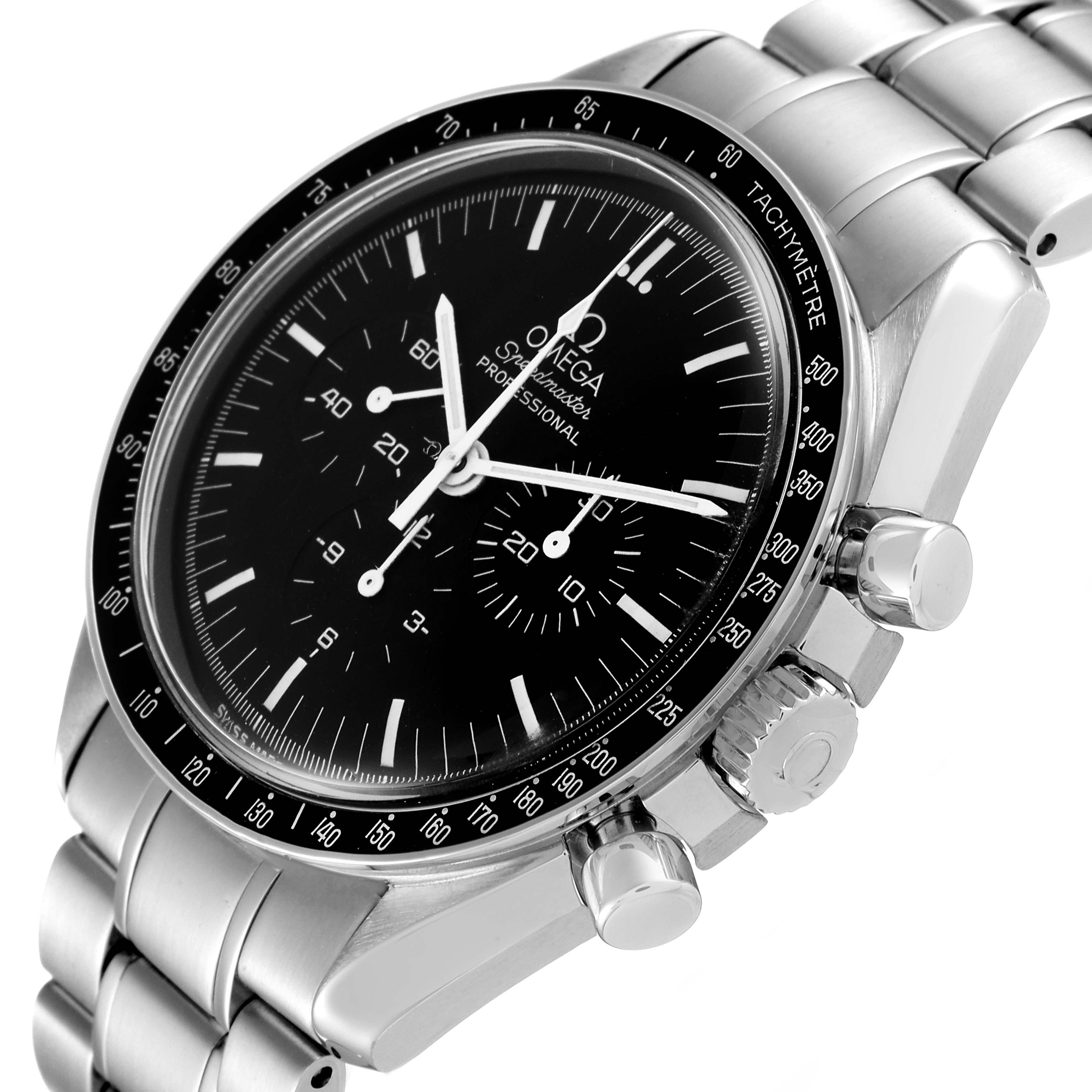The image shows a close-up angle of an Omega Speedmaster 3572.50.00 Men
s Stainless Steel Black Dial 3572.50.00 Men
s Stainless Steel Black Dial watch, highlighting the face, bezel, pushers, and bracelet.