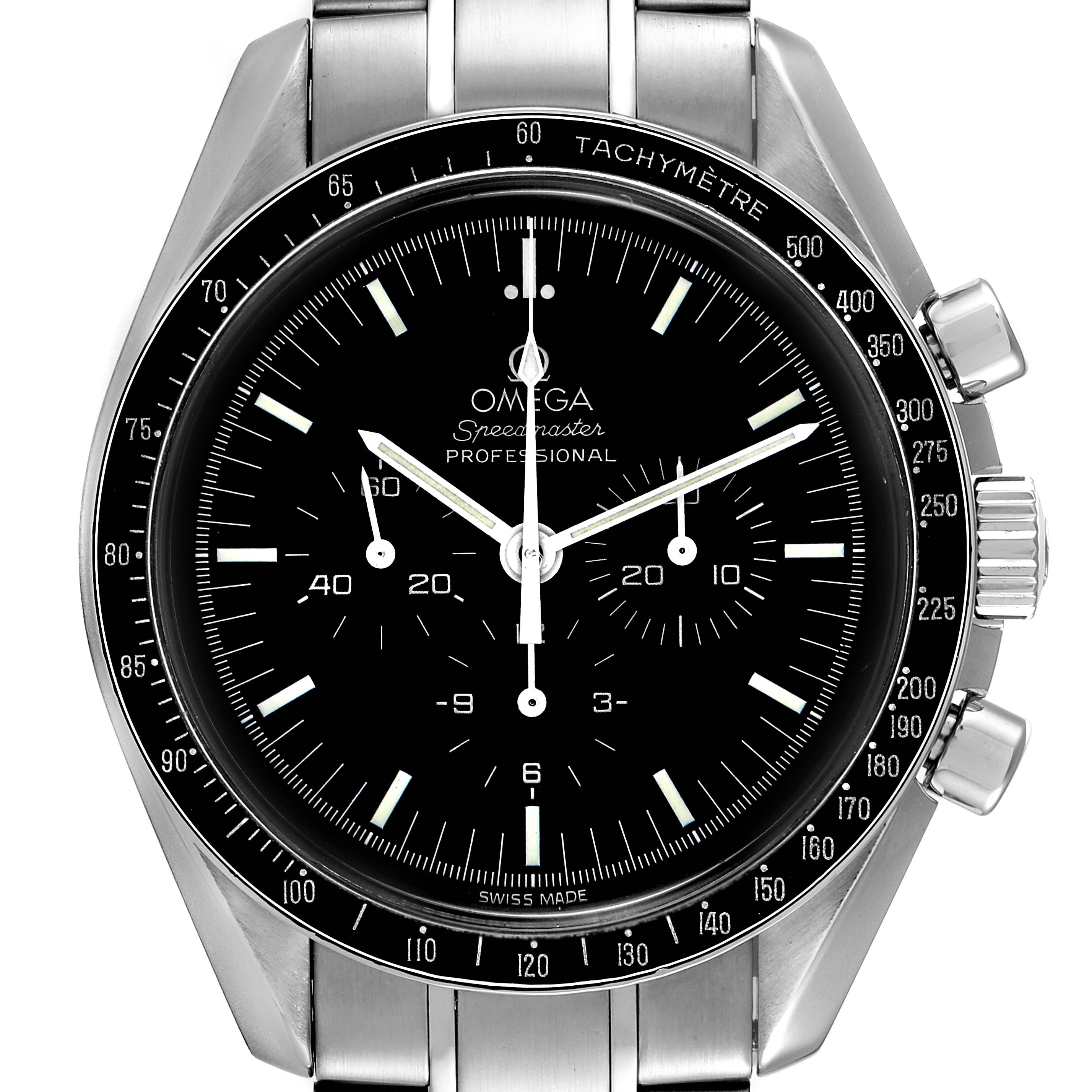 This image shows a frontal view of an Omega Speedmaster 3572.50.00 Men
s Stainless Steel Black Dial 3572.50.00 Men
s Stainless Steel Black Dial Professional watch, displaying the dial, sub-dials, and tachymeter bezel.