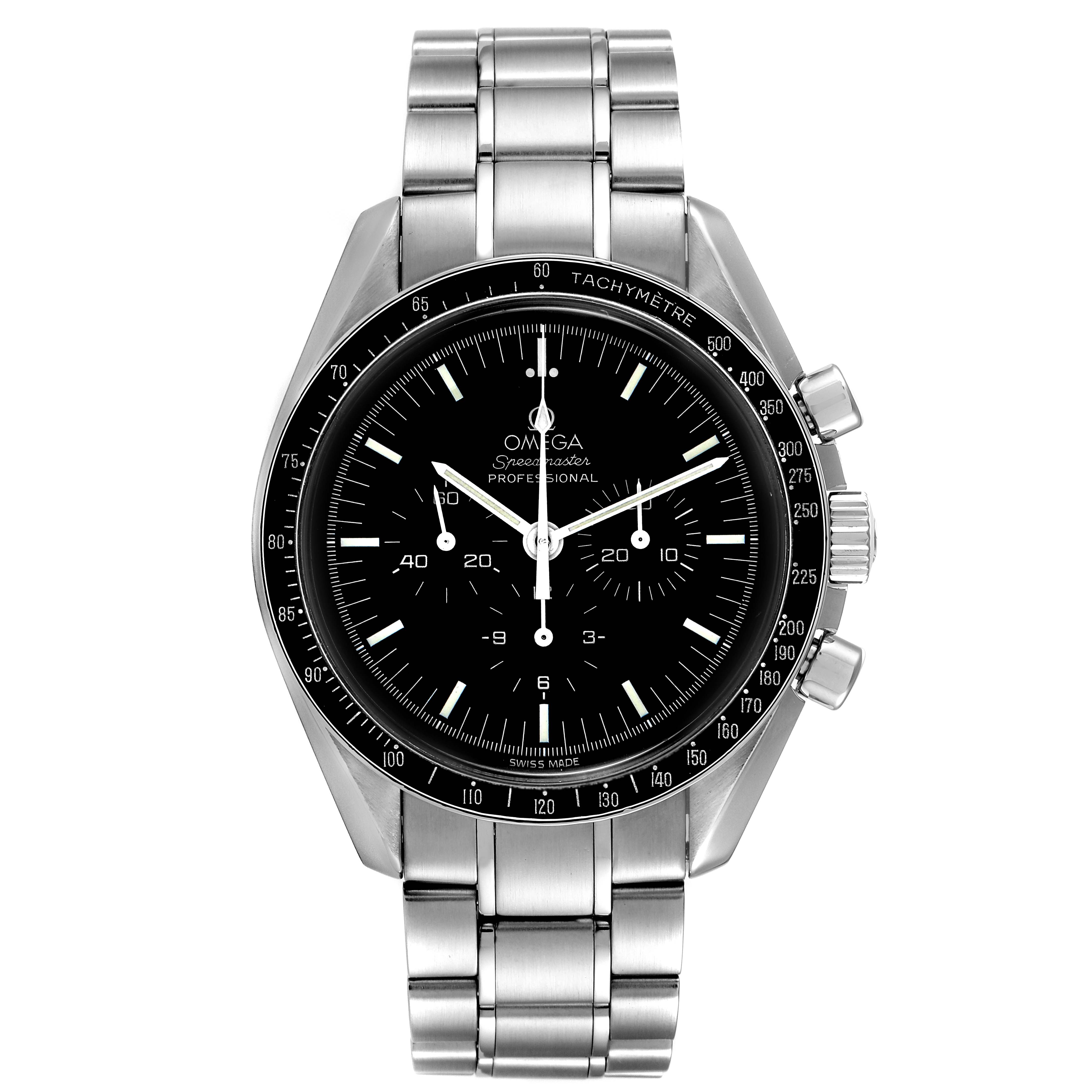This image shows a front view of the Omega Speedmaster 3572.50.00 Men
s Stainless Steel Black Dial 3572.50.00 Men
s Stainless Steel Black Dial wristwatch, displaying its face, bezel, and stainless steel bracelet.