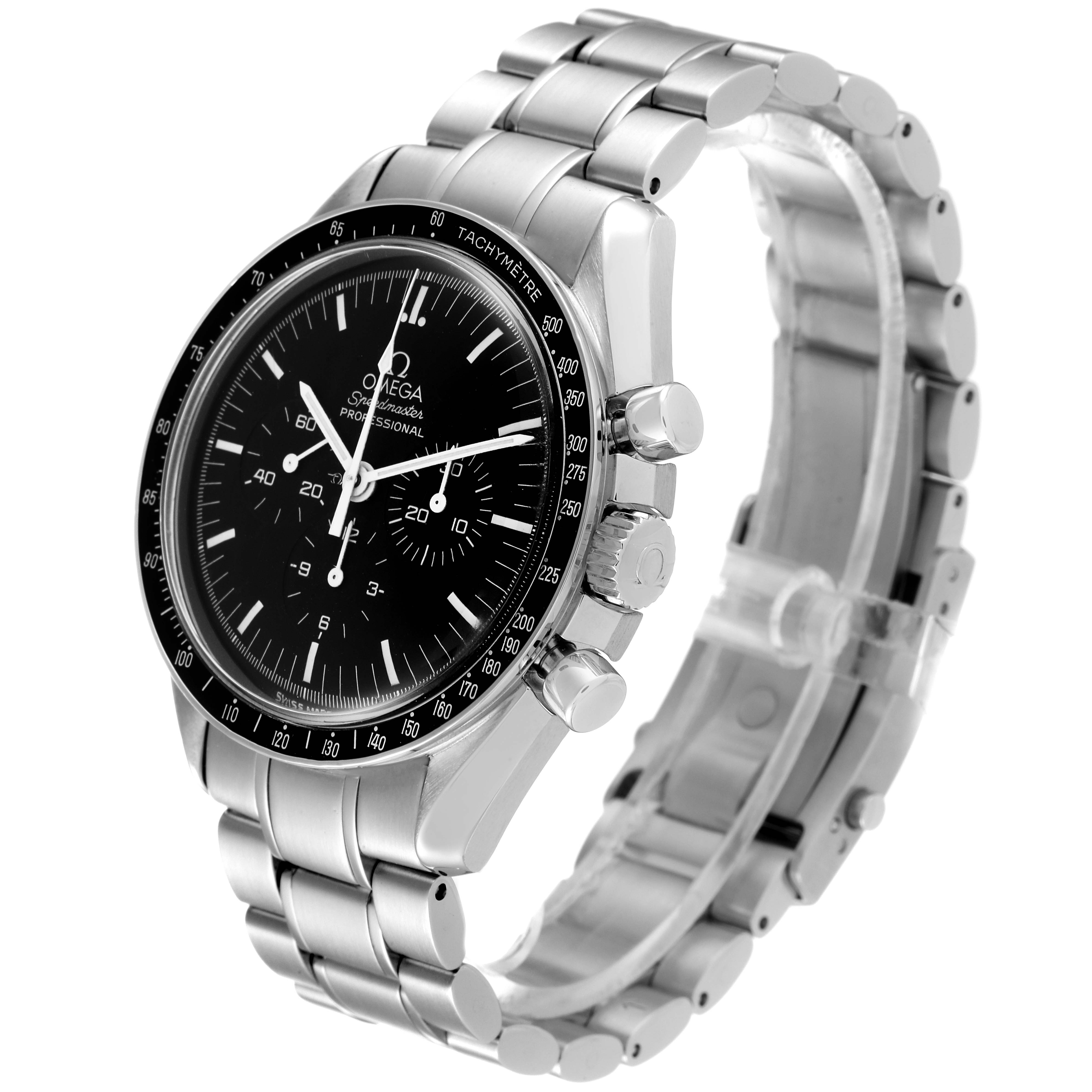 The Omega Speedmaster 3572.50.00 Men
s Stainless Steel Black Dial 3572.50.00 Men
s Stainless Steel Black Dial watch is shown at a three-quarters angle, displaying the face, bezel, buttons, and bracelet.