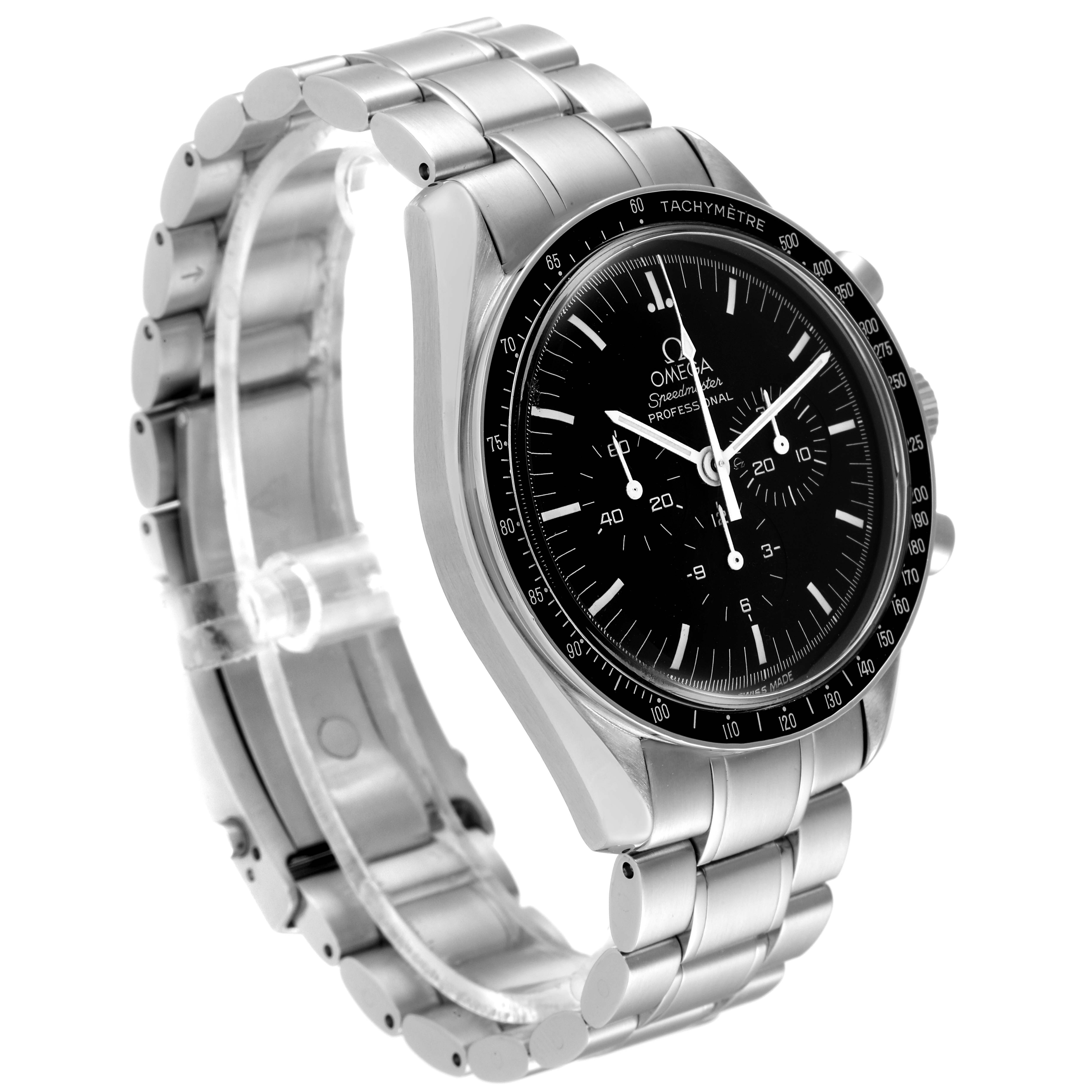 The Omega Speedmaster 3572.50.00 Men
s Stainless Steel Black Dial 3572.50.00 Men
s Stainless Steel Black Dial watch is shown at an angle highlighting its face, bezel, and stainless steel bracelet.