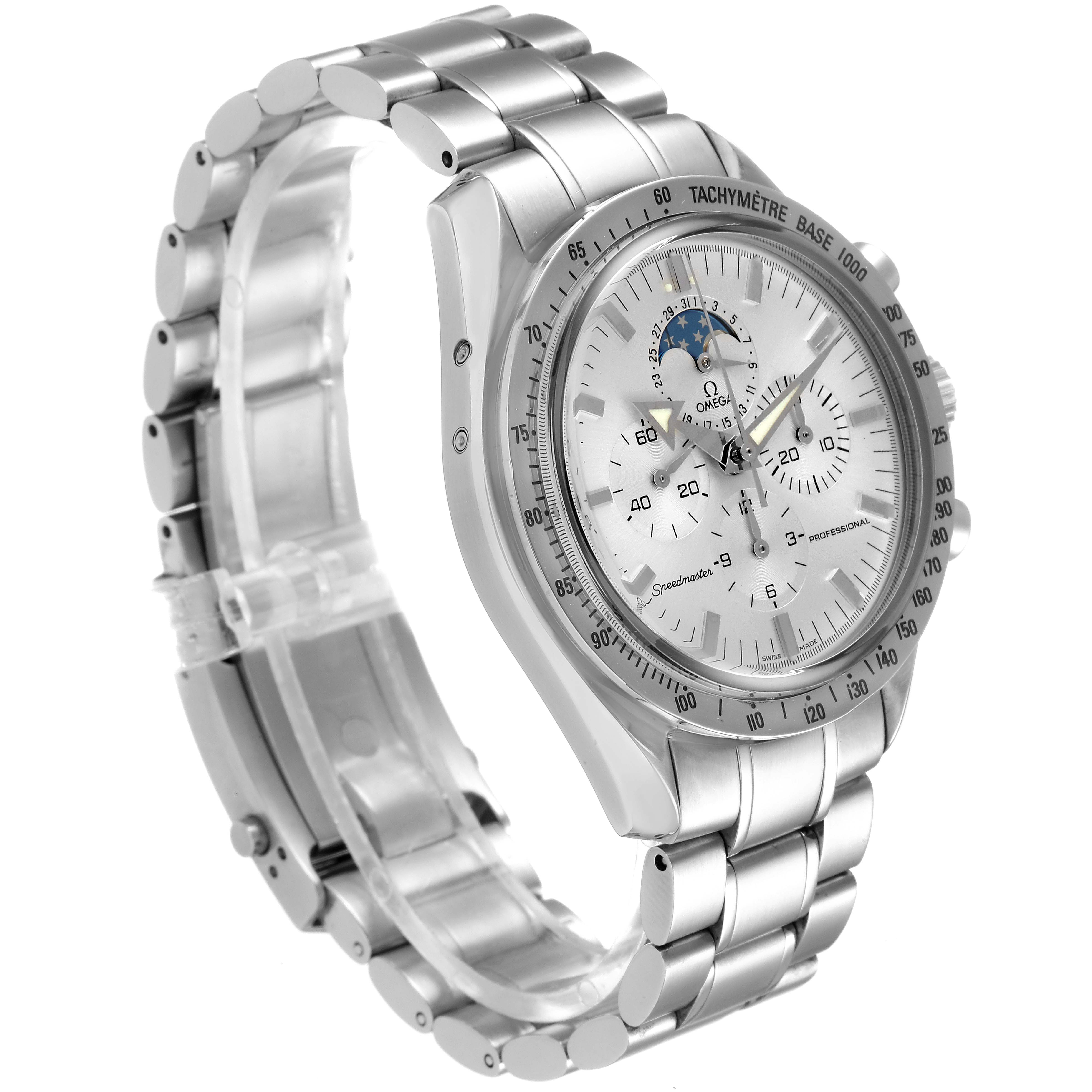 The Omega Speedmaster 3575.30.00 Men
s Stainless Steel Silver Dial 3575.30.00 Men
s Stainless Steel Silver Dial watch is shown at a front-left angle, displaying its face, dials, and metal bracelet.