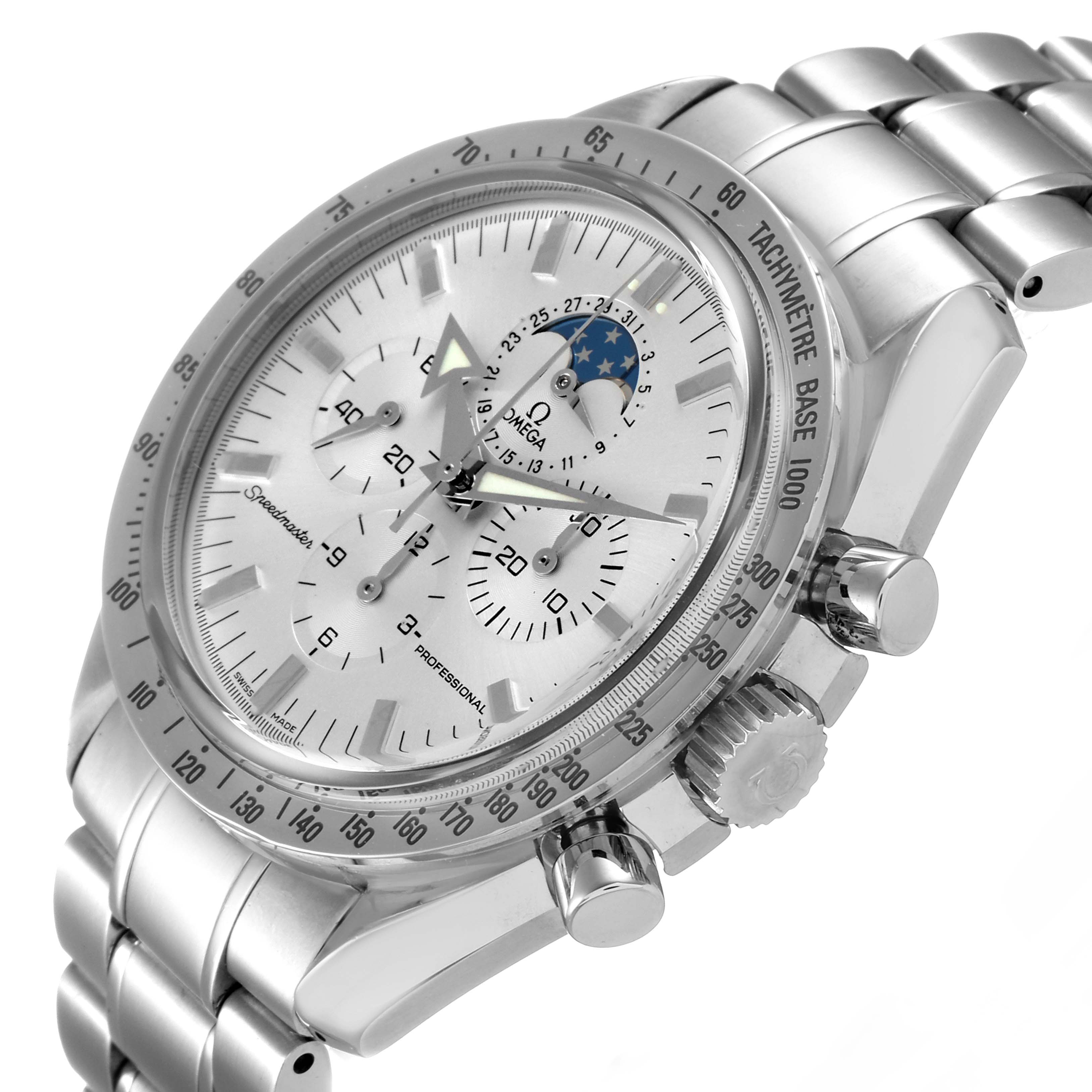 The Omega Speedmaster 3575.30.00 Men
s Stainless Steel Silver Dial 3575.30.00 Men
s Stainless Steel Silver Dial watch is shown at a slight angle, highlighting the face, chronograph subdials, moonphase, and stainless steel bracelet.