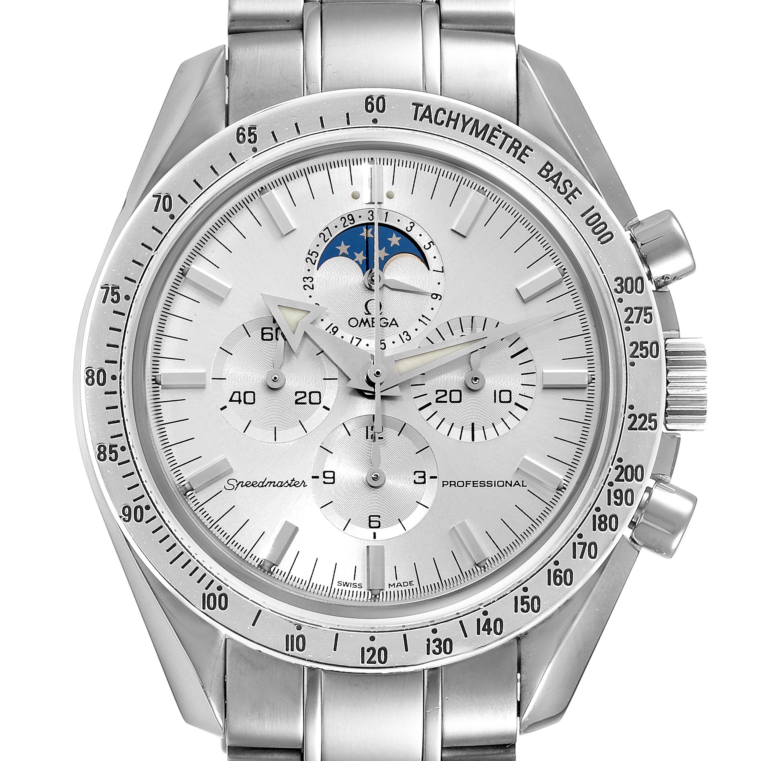 The image shows a frontal view of an Omega Speedmaster 3575.30.00 Men
s Stainless Steel Silver Dial 3575.30.00 Men
s Stainless Steel Silver Dial watch, highlighting its dial, chronograph subdials, tachymeter scale, and moon phase subdial.