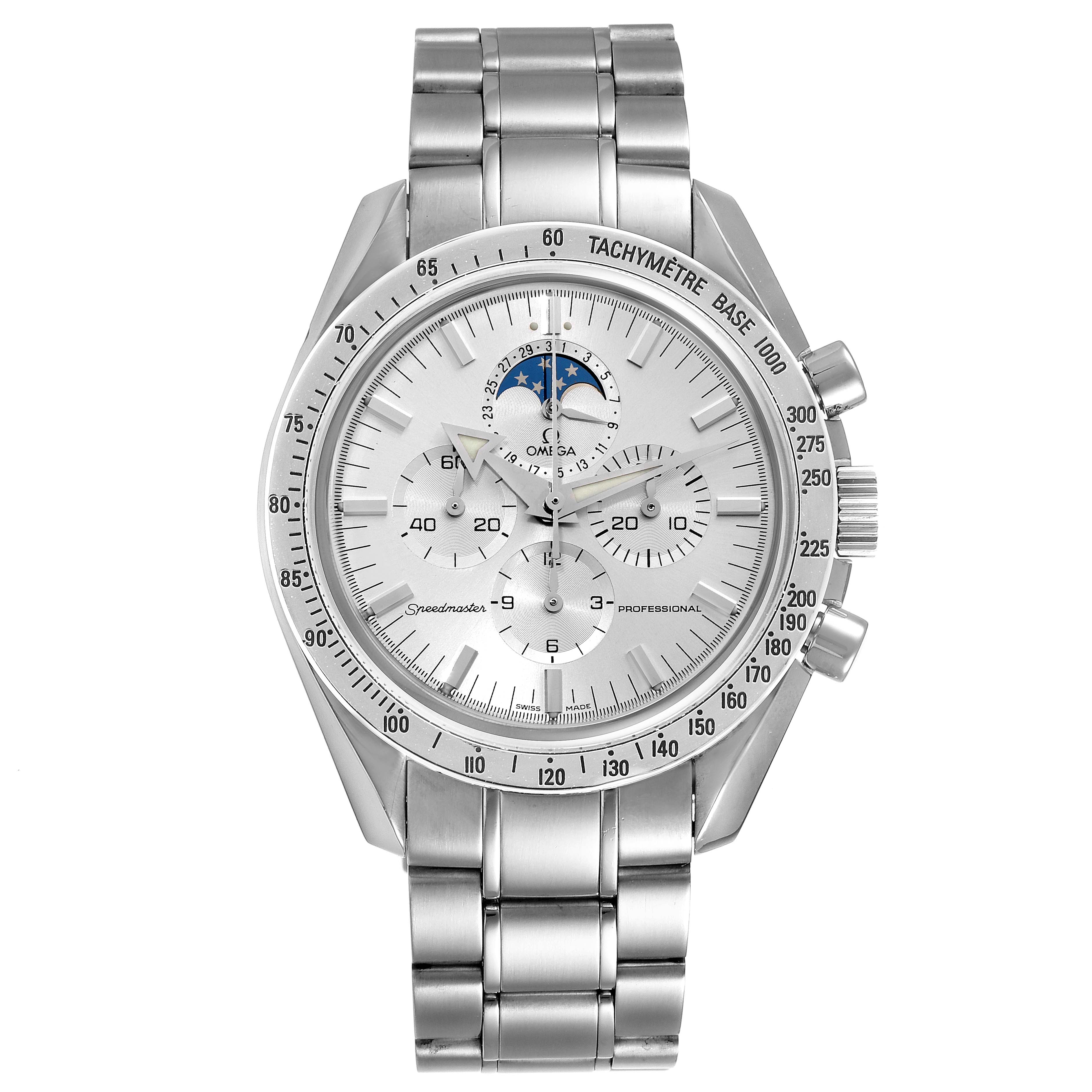 The Omega Speedmaster 3575.30.00 Men
s Stainless Steel Silver Dial 3575.30.00 Men
s Stainless Steel Silver Dial watch is shown from a front angle, displaying its dial, tachymeter bezel, sub-dials, and metal bracelet.