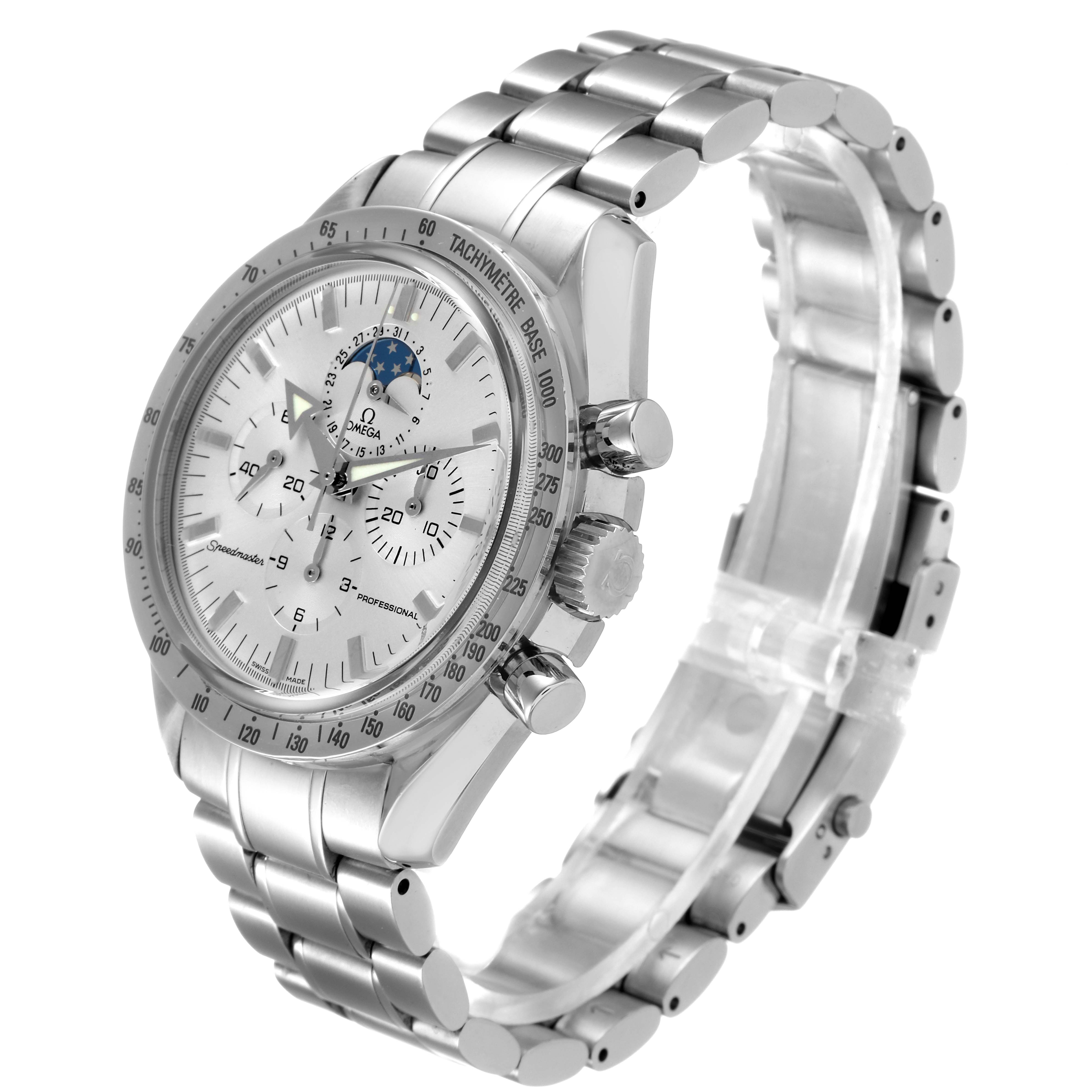 The image shows an Omega Speedmaster 3575.30.00 Men
s Stainless Steel Silver Dial 3575.30.00 Men
s Stainless Steel Silver Dial watch from an angled top view, highlighting the dial, tachymeter, and bracelet.