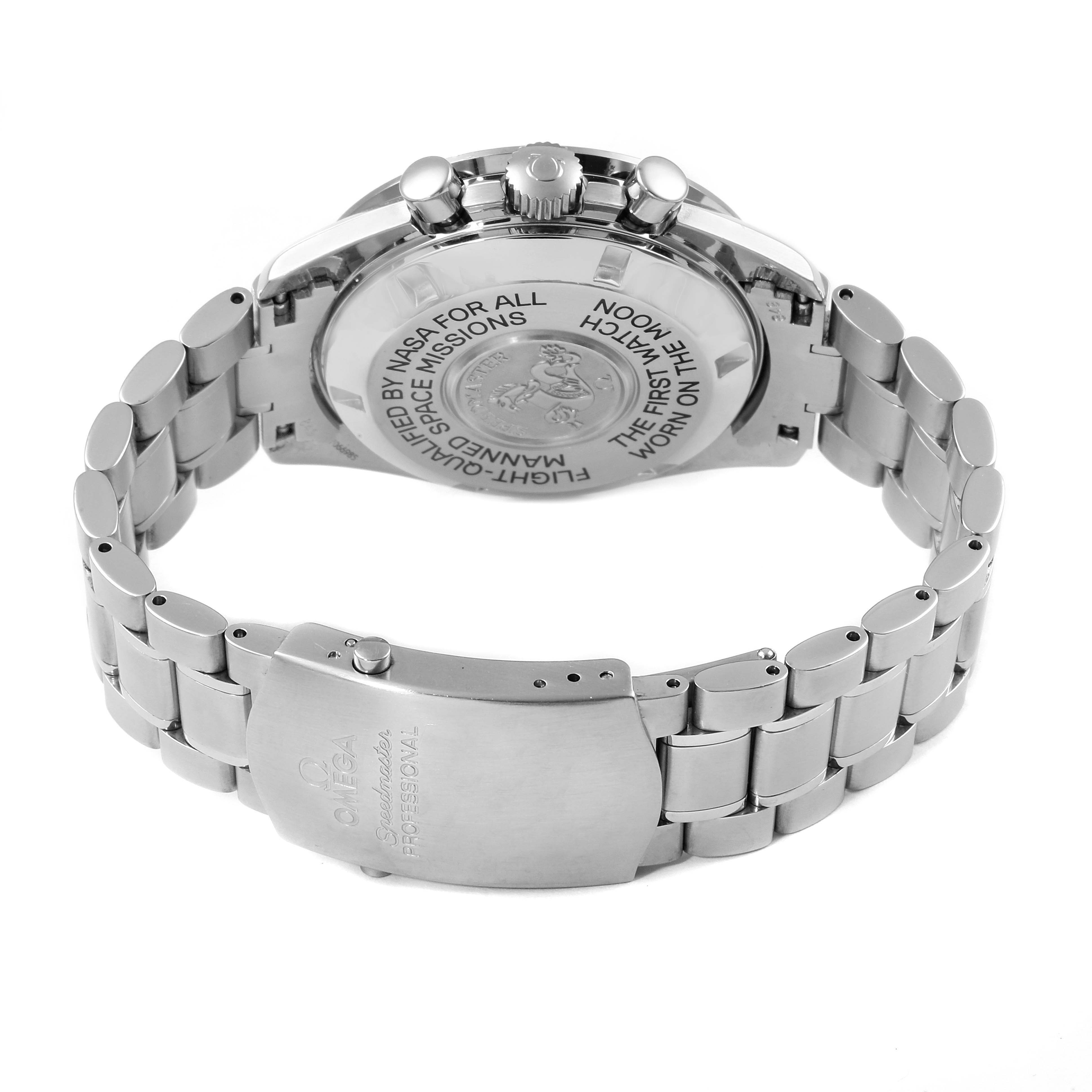 The image shows the back and bracelet of the Omega Speedmaster 3575.30.00 Men
s Stainless Steel Silver Dial 3575.30.00 Men
s Stainless Steel Silver Dial, highlighting the clasp and engraved case back.