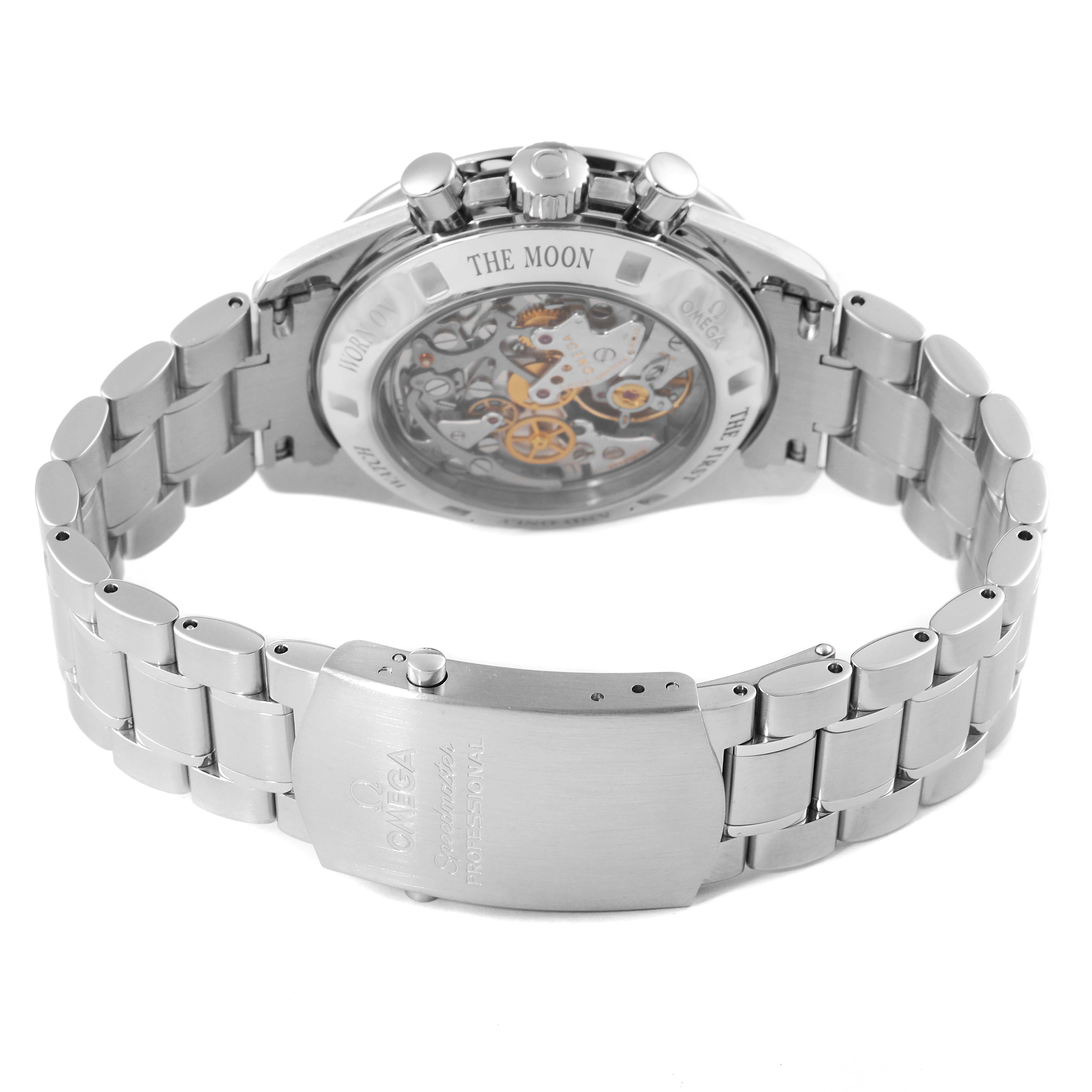 This image displays the back view of an Omega Speedmaster 311.30.42.30.01.006 Men
s Stainless Steel Black Dial 311.30.42.30.01.006 Men
s Stainless Steel Black Dial watch, showcasing its stainless steel bracelet and exposed movement.