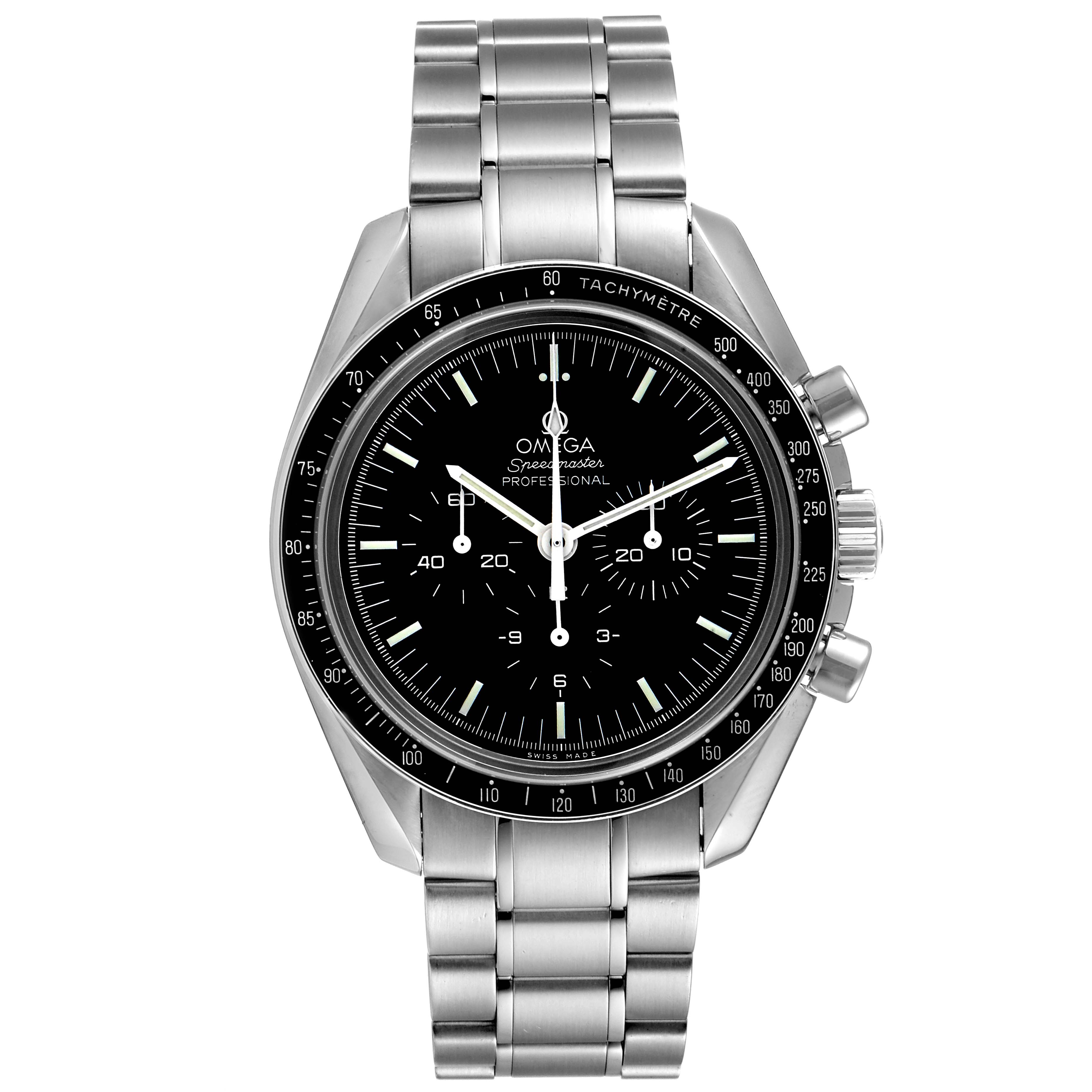 The Omega Speedmaster 311.30.42.30.01.006 Men
s Stainless Steel Black Dial 311.30.42.30.01.006 Men
s Stainless Steel Black Dial watch is shown from the front, highlighting its face, bezel, and stainless steel bracelet.