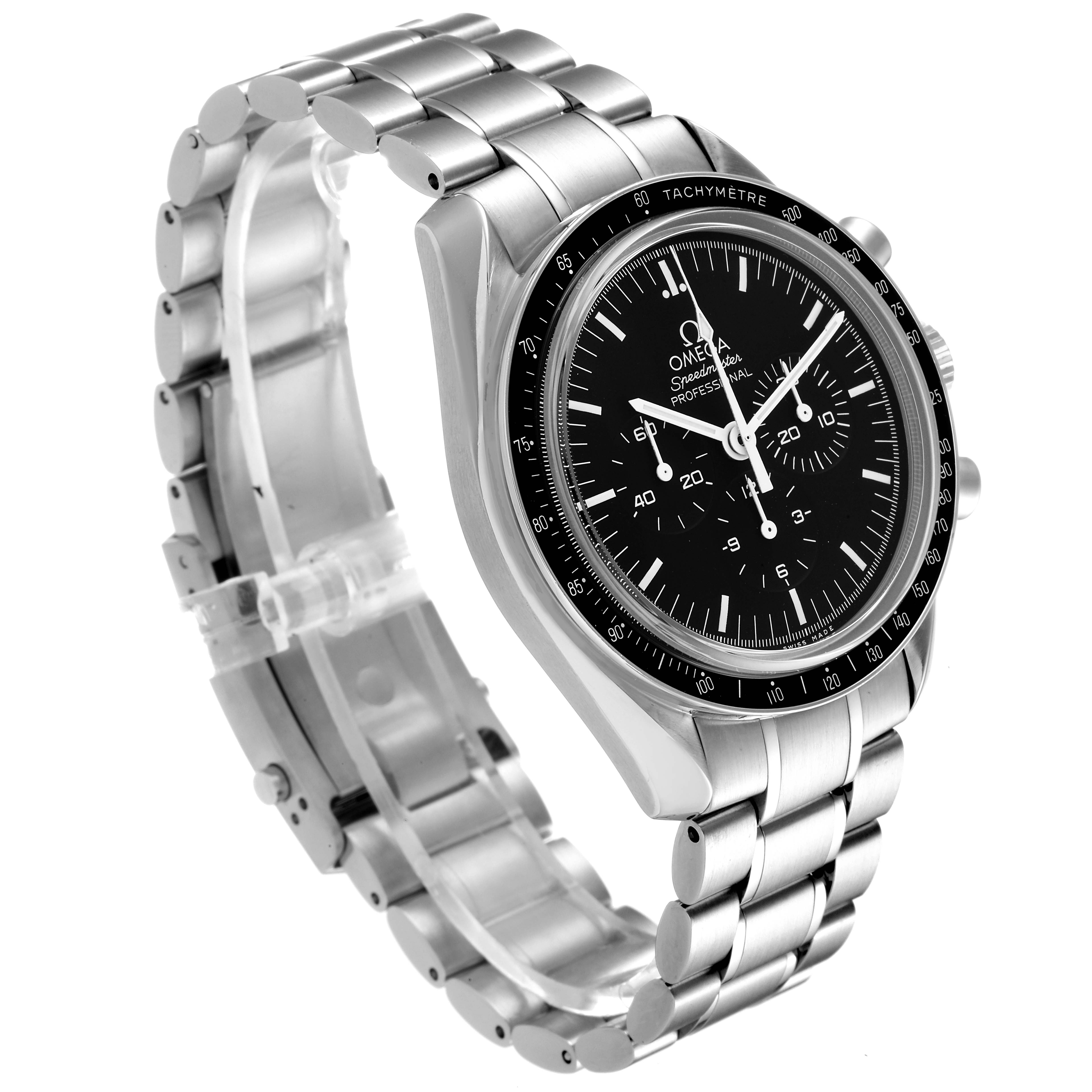 The Omega Speedmaster 311.30.42.30.01.006 Men
s Stainless Steel Black Dial 311.30.42.30.01.006 Men
s Stainless Steel Black Dial watch is shown at a three-quarter angle, highlighting the stainless steel bracelet and black dial.