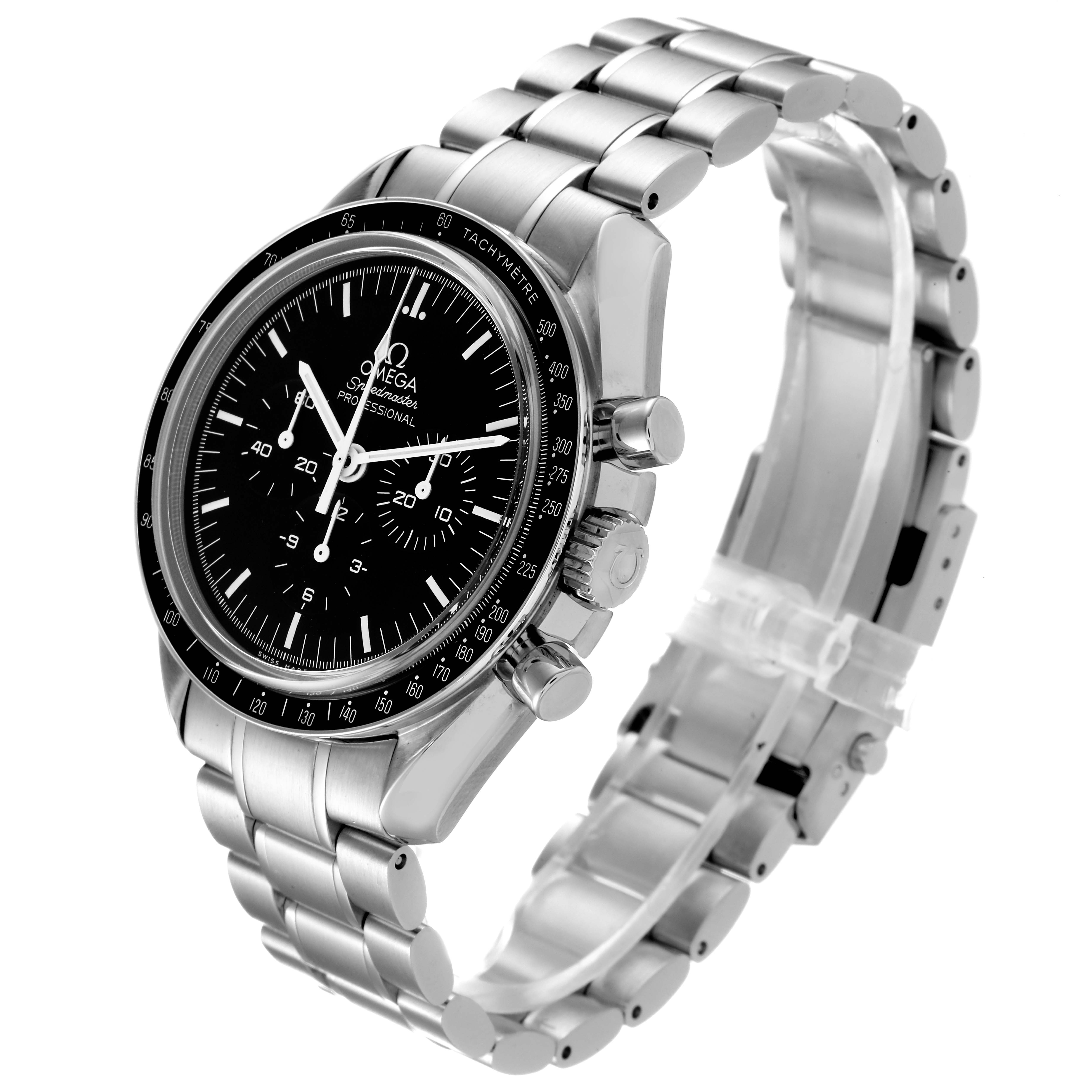The Omega Speedmaster 311.30.42.30.01.006 Men
s Stainless Steel Black Dial 311.30.42.30.01.006 Men
s Stainless Steel Black Dial watch is shown at a three-quarter angle, displaying its face, bezel, crown, pushers, and metal bracelet.