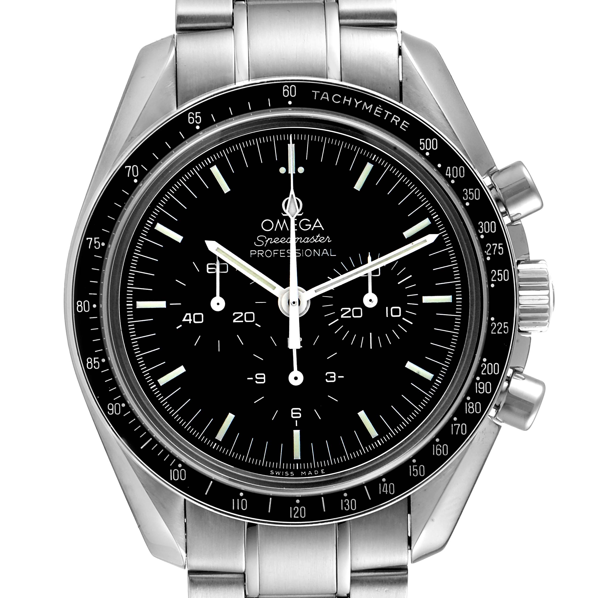 This image shows a frontal view of the Omega Speedmaster 311.30.42.30.01.006 Men
s Stainless Steel Black Dial 311.30.42.30.01.006 Men
s Stainless Steel Black Dial watch, highlighting its bezel, dial, case, and bracelet.
