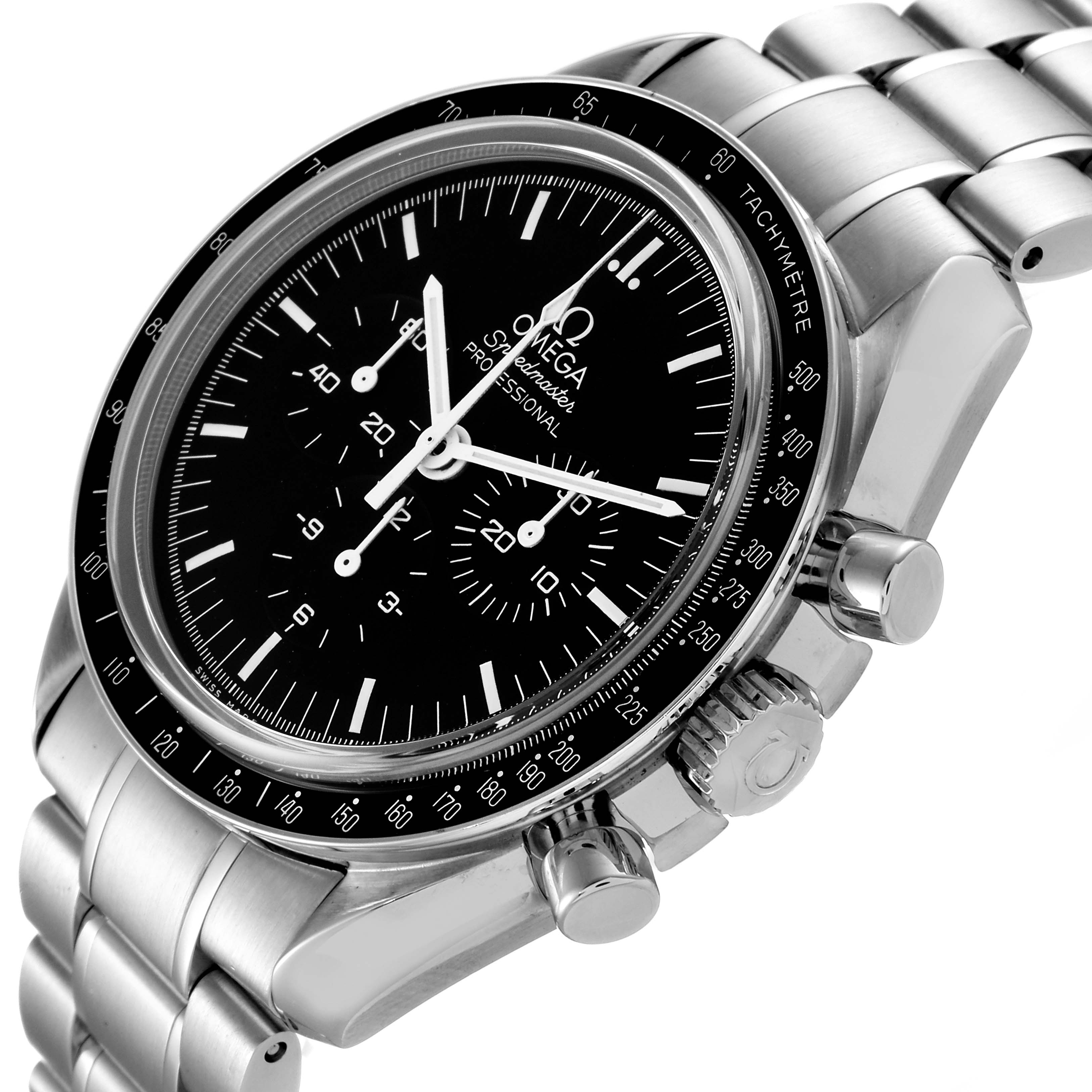 The image shows an Omega Speedmaster 311.30.42.30.01.006 Men
s Stainless Steel Black Dial 311.30.42.30.01.006 Men
s Stainless Steel Black Dial watch from an angled perspective, highlighting the face, bezel, crown, and chronograph buttons.