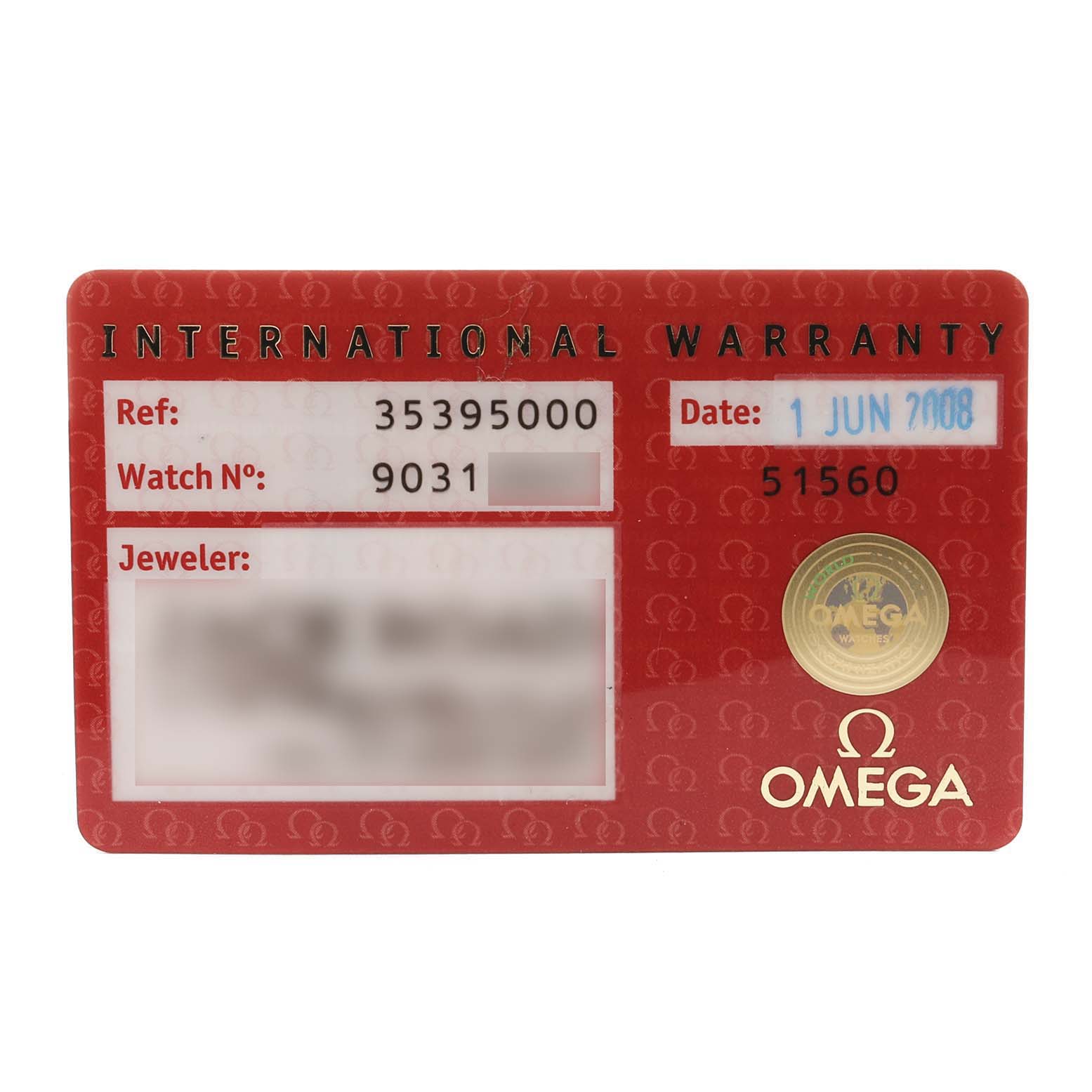 This image shows the International Warranty card for an Omega Speedmaster 3539.50.00 Men
s Stainless Steel Black Dial 3539.50.00 Men
s Stainless Steel Black Dial watch, detailing reference number, date, and jeweler information.