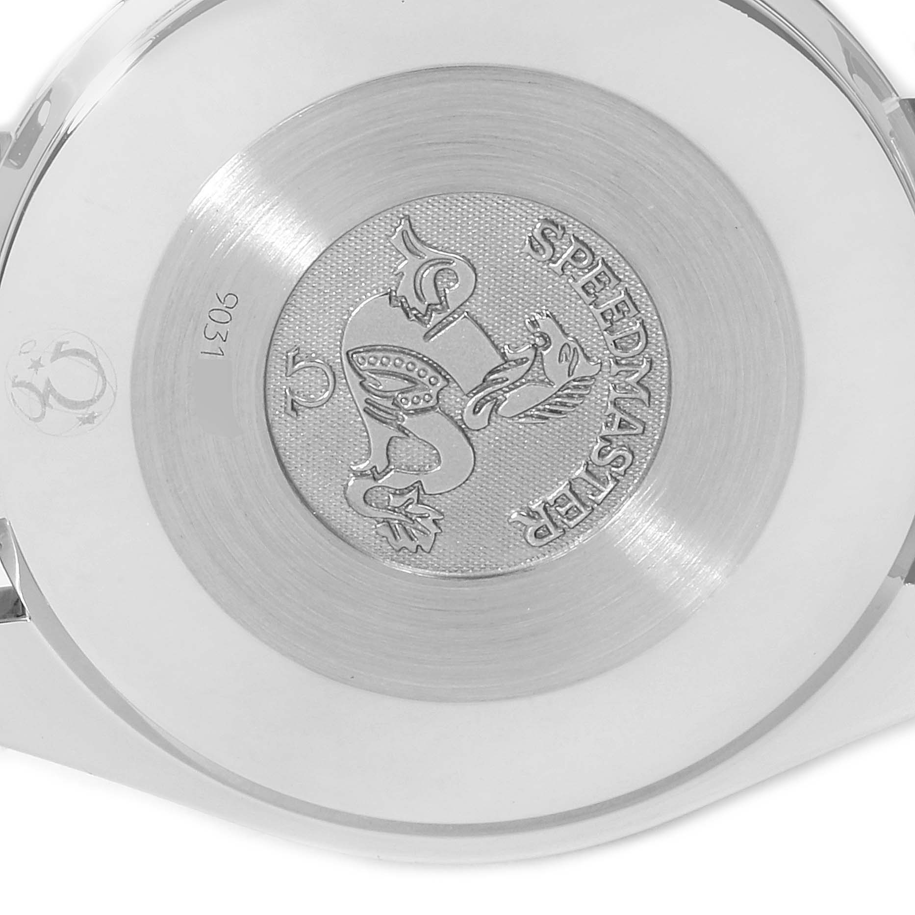 The image shows the case back of an Omega Speedmaster 3539.50.00 Men
s Stainless Steel Black Dial 3539.50.00 Men
s Stainless Steel Black Dial watch, featuring the engraved design and model details.