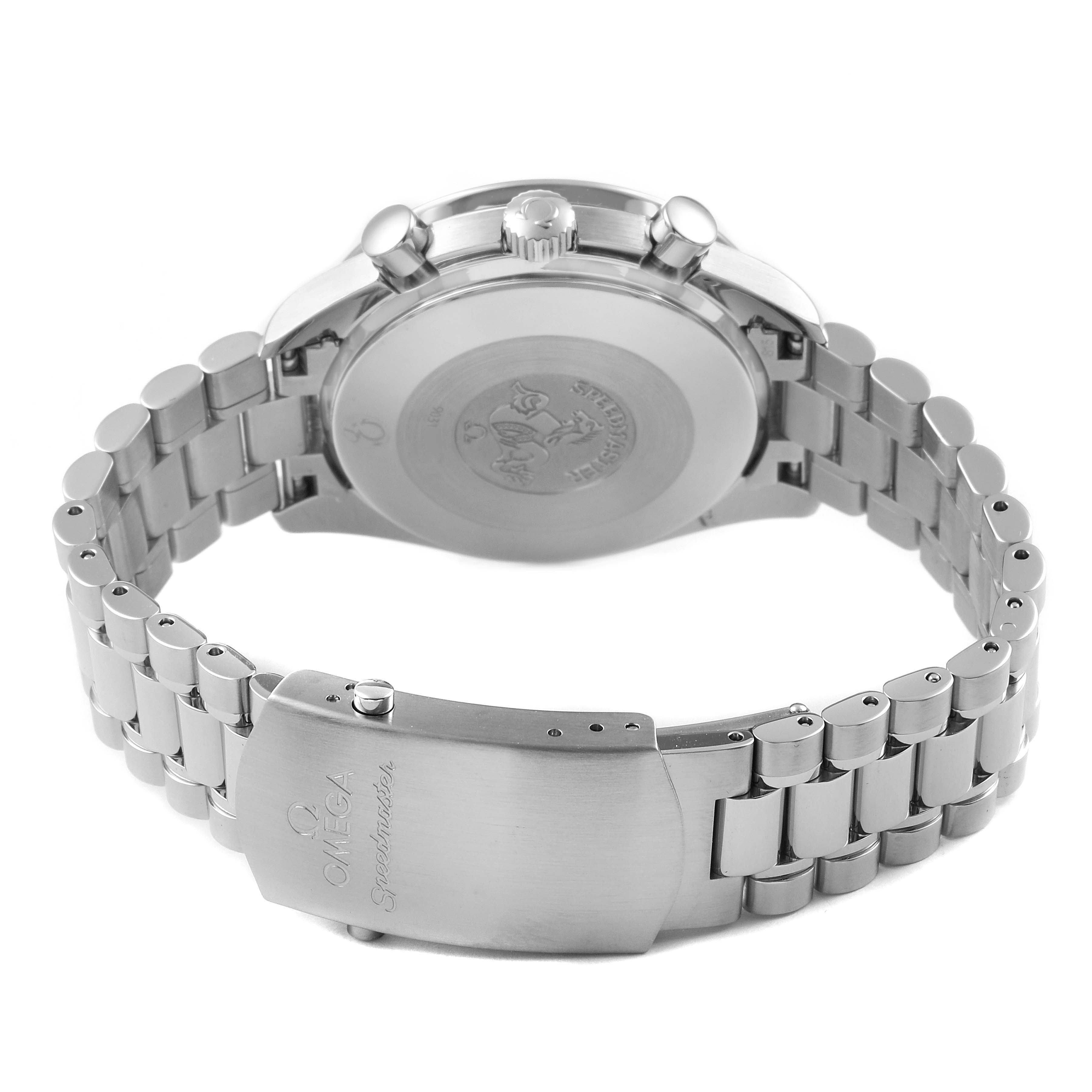 The image shows the back view of an Omega Speedmaster 3539.50.00 Men
s Stainless Steel Black Dial 3539.50.00 Men
s Stainless Steel Black Dial watch, highlighting its closed clasp and bracelet.