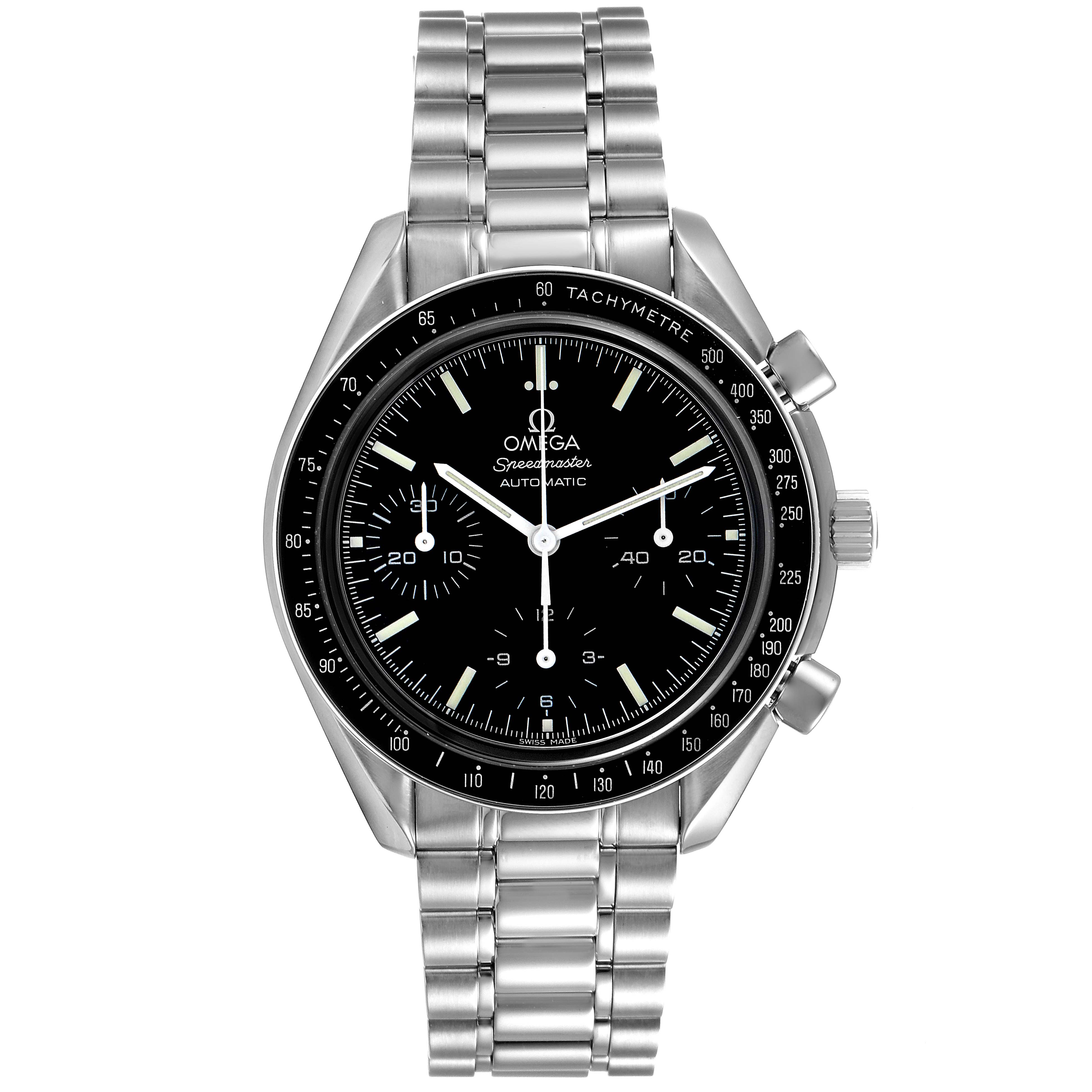 This image shows a frontal view of the Omega Speedmaster 3539.50.00 Men
s Stainless Steel Black Dial 3539.50.00 Men
s Stainless Steel Black Dial watch with its stainless steel bracelet and black dial.