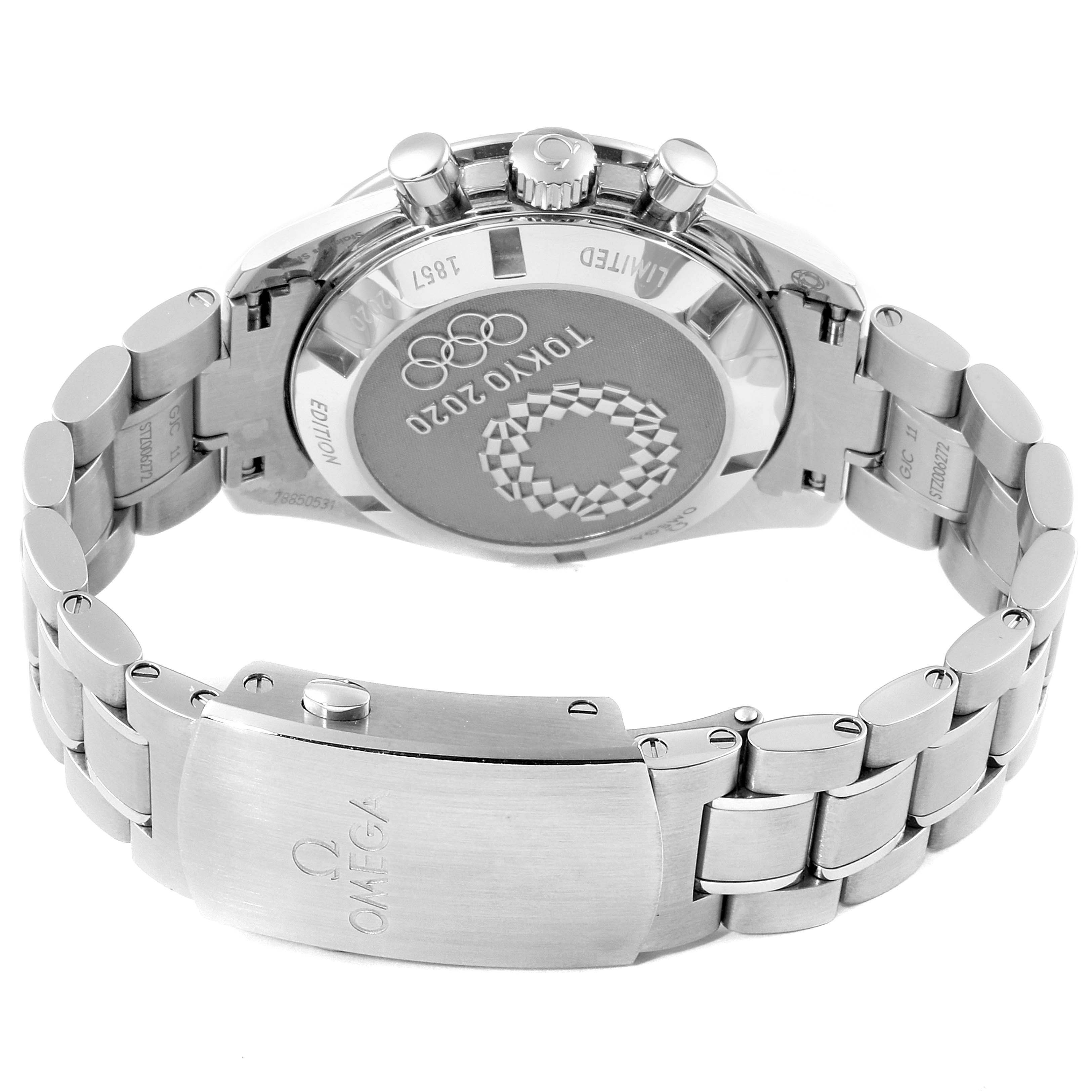 This Omega Speedmaster 522.30.42.30.03.001 Men's Stainless Steel Blue Dial 522.30.42.30.03.001 Men's Stainless Steel Blue Dial watch is shown from the back, featuring the case back, bracelet, and clasp, engraved with "Tokyo 2020".