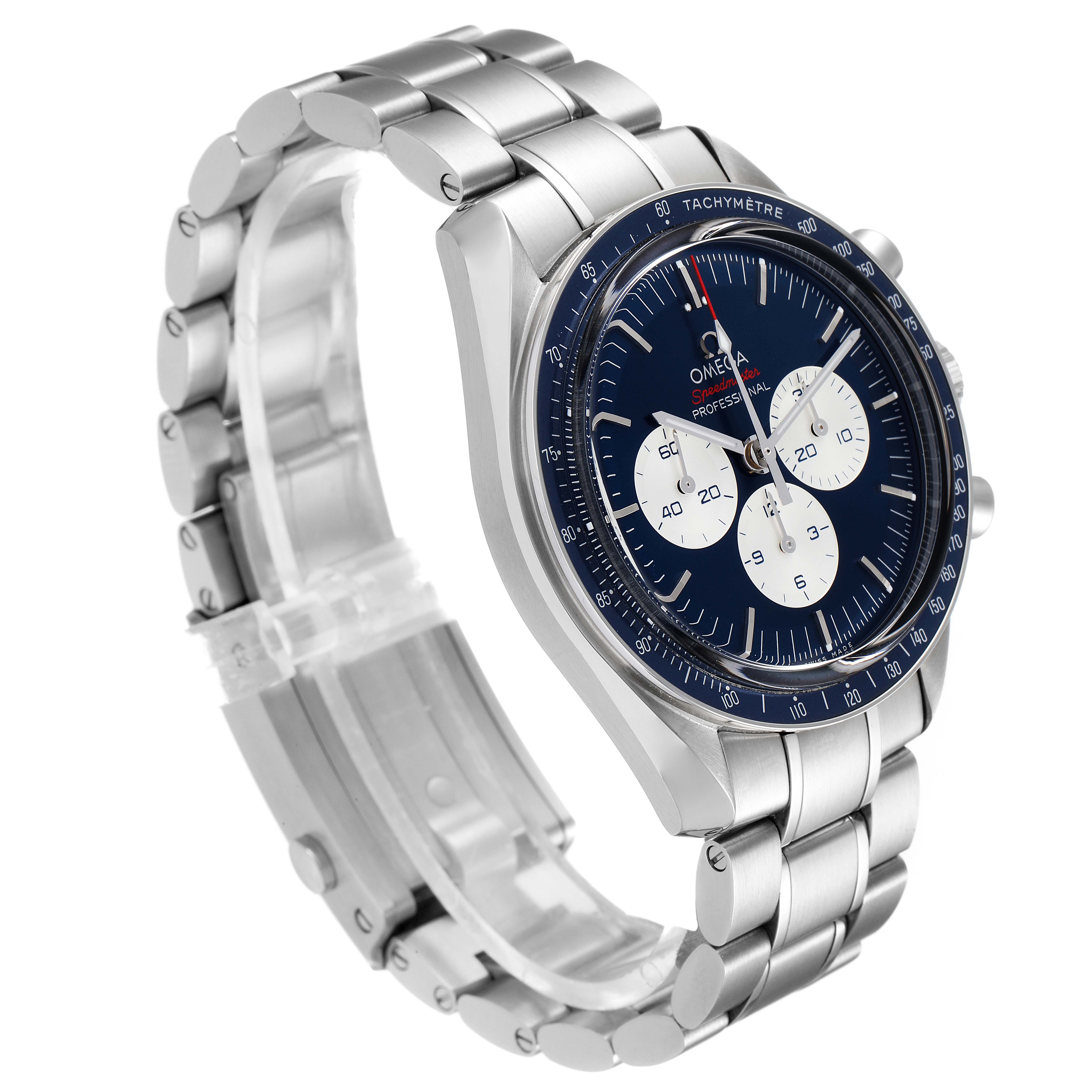 The Omega Speedmaster 522.30.42.30.03.001 Men's Stainless Steel Blue Dial 522.30.42.30.03.001 Men's Stainless Steel Blue Dial watch is shown at an angle displaying the face, bezel, and stainless steel bracelet.