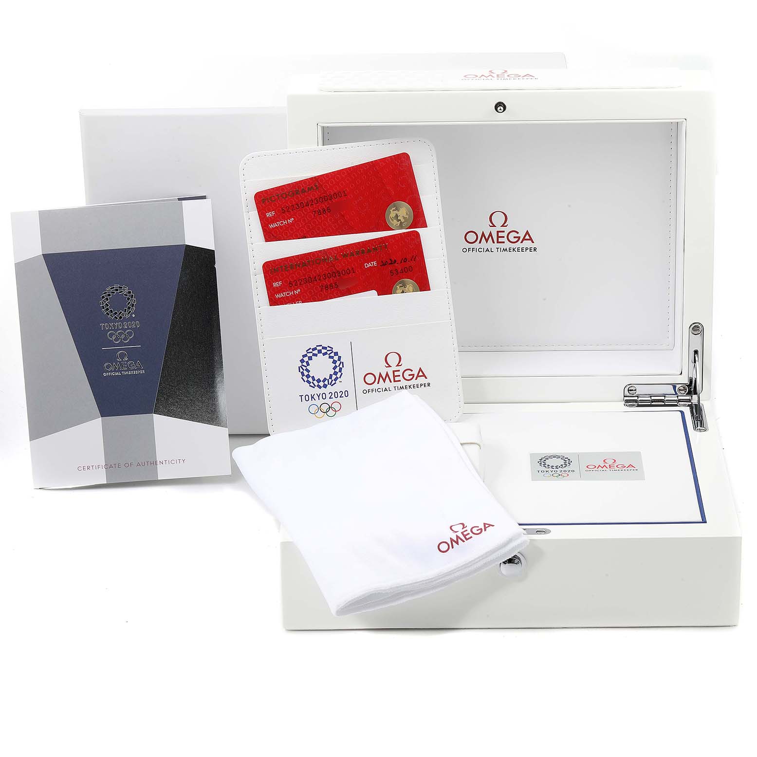 The image shows the packaging and accessories for an Omega Speedmaster 522.30.42.30.03.001 Men's Stainless Steel Blue Dial 522.30.42.30.03.001 Men's Stainless Steel Blue Dial, including warranty cards, cloth, authenticity certificate, and box.