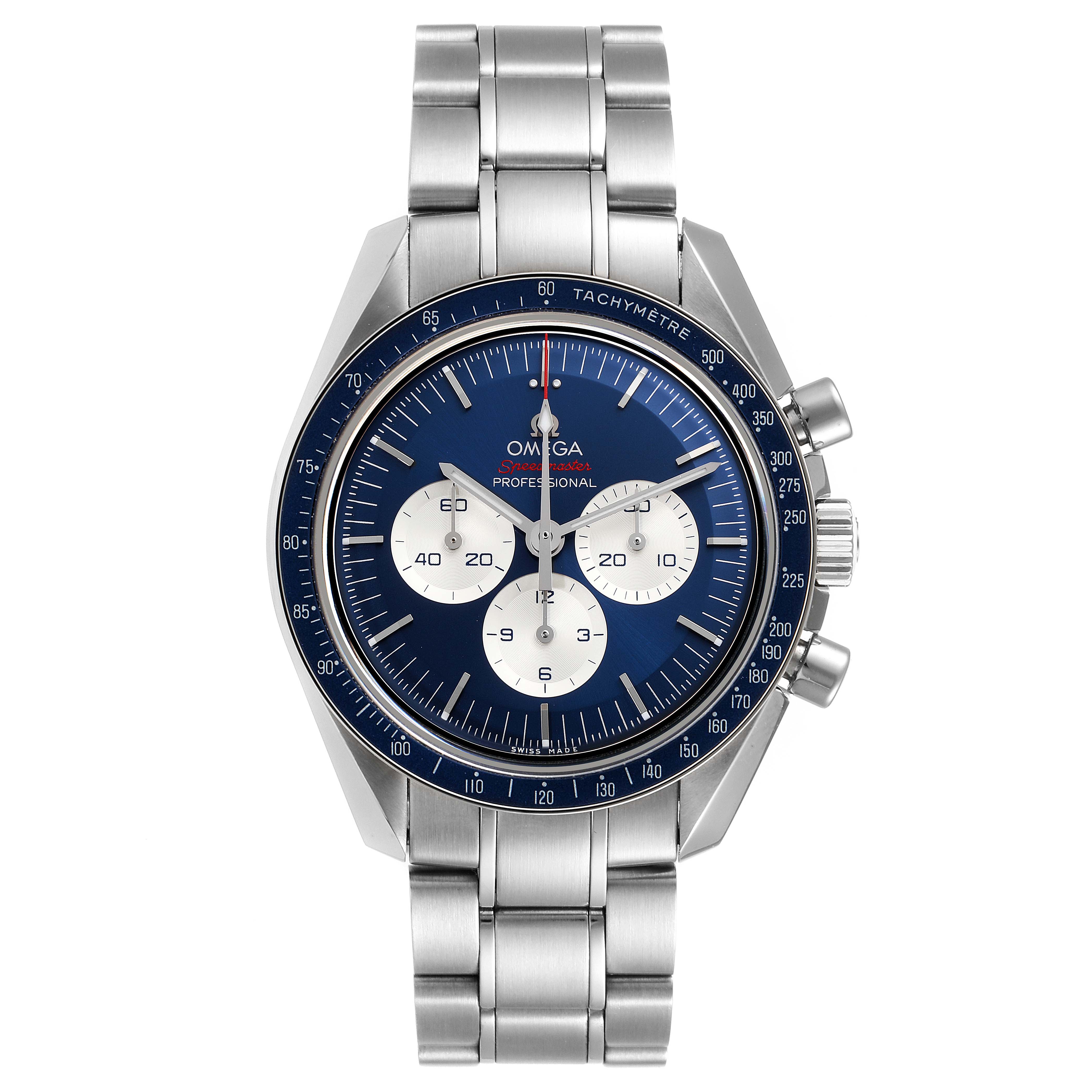 The image shows a front view of an Omega Speedmaster 522.30.42.30.03.001 Men's Stainless Steel Blue Dial 522.30.42.30.03.001 Men's Stainless Steel Blue Dial watch, highlighting its dial, chronograph subdials, and stainless steel bracelet.