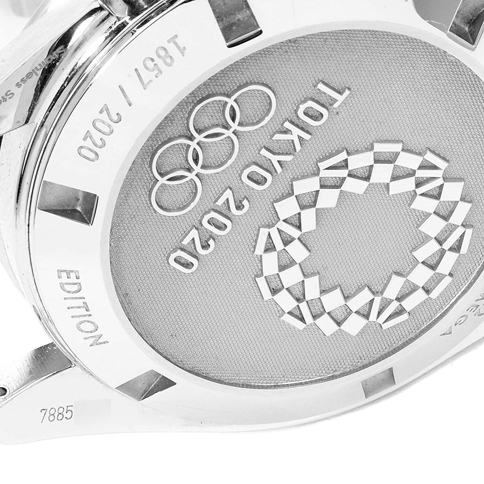 The image shows the back case of the Omega Speedmaster 522.30.42.30.03.001 Men's Stainless Steel Blue Dial 522.30.42.30.03.001 Men's Stainless Steel Blue Dial watch, featuring Tokyo 2020 Olympics engravings.