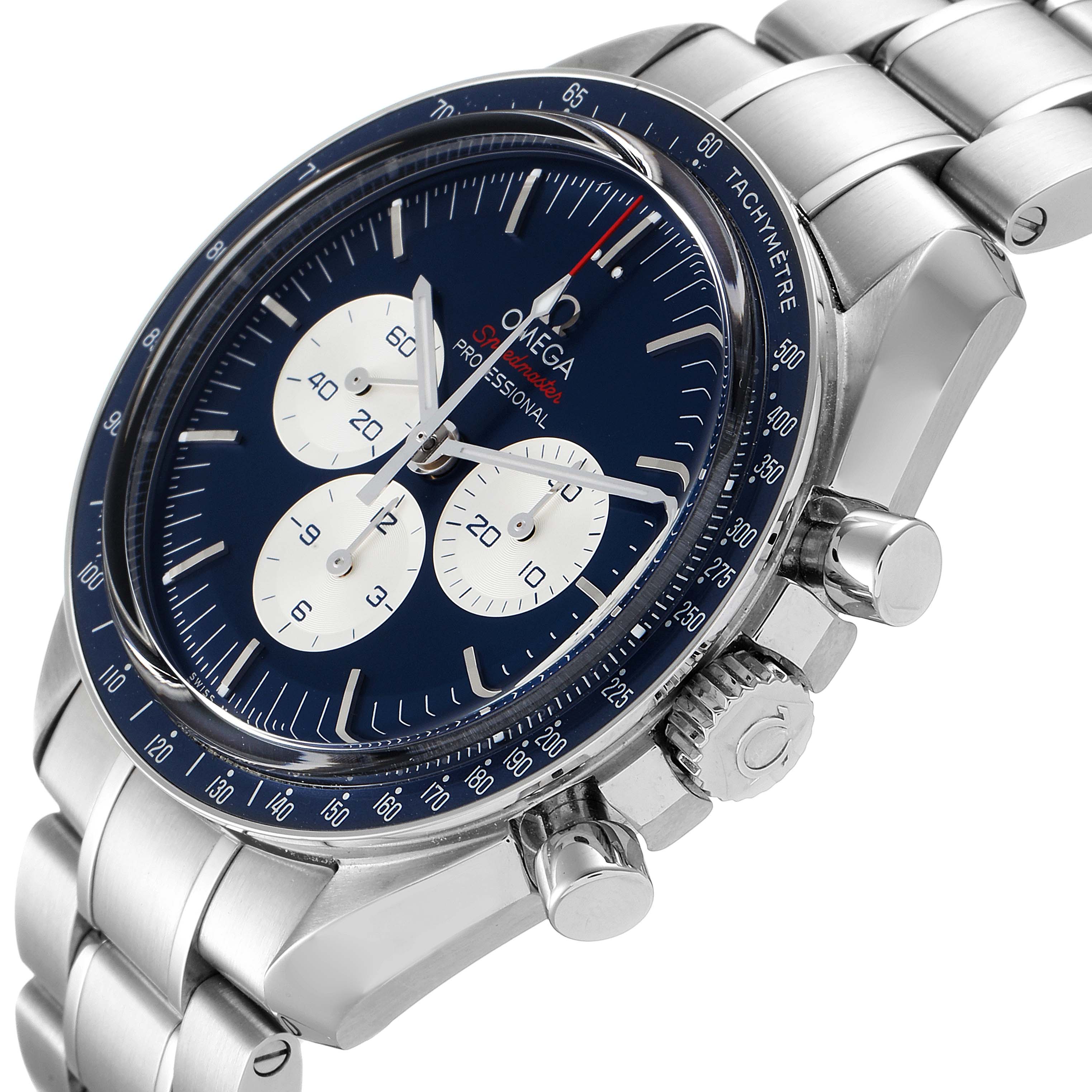 This image shows the Omega Speedmaster 522.30.42.30.03.001 Men's Stainless Steel Blue Dial 522.30.42.30.03.001 Men's Stainless Steel Blue Dial watch from an angle highlighting the face, crown, pushers, and part of the bracelet.