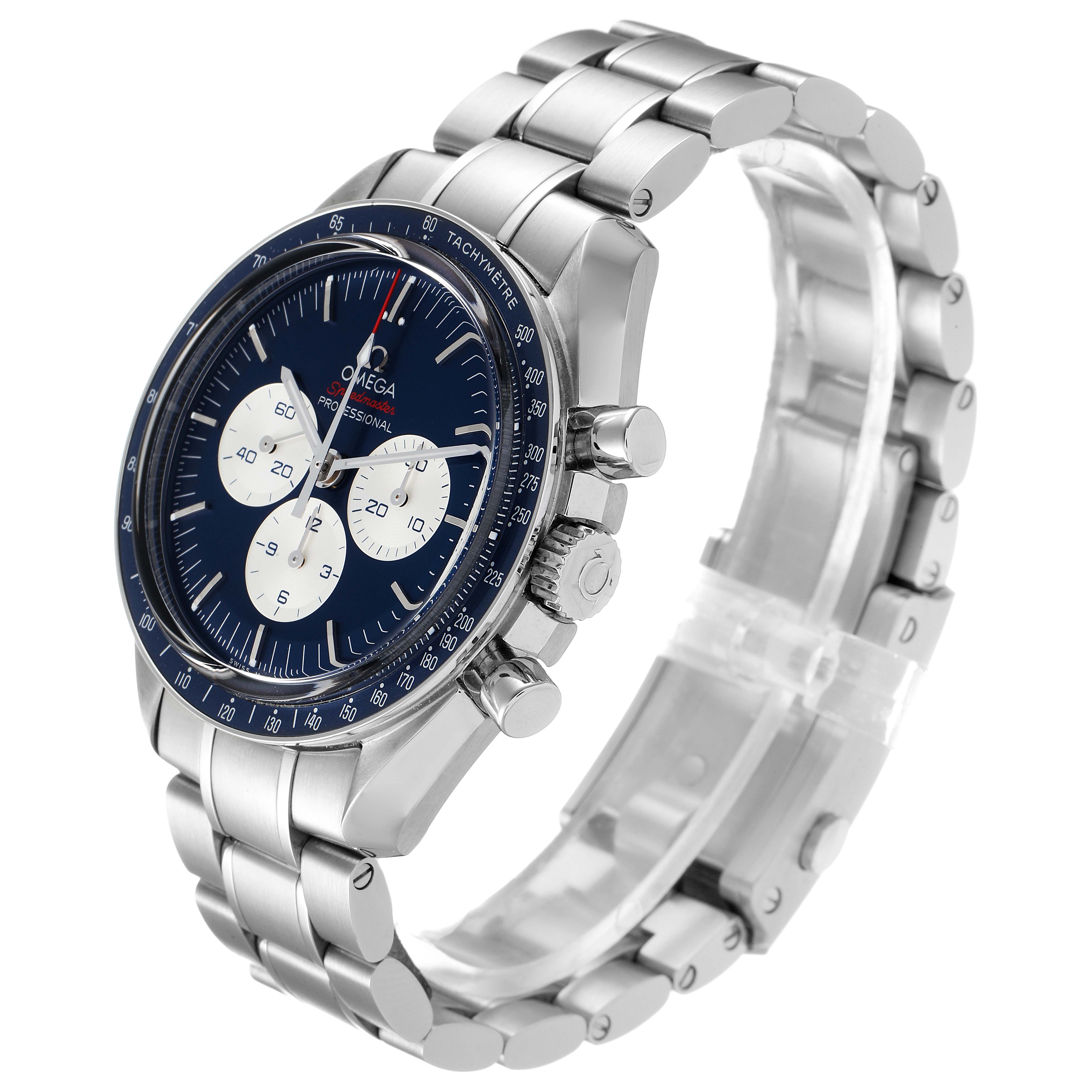 The image shows an Omega Speedmaster 522.30.42.30.03.001 Men's Stainless Steel Blue Dial 522.30.42.30.03.001 Men's Stainless Steel Blue Dial watch at a three-quarter angle, highlighting its face, side buttons, and metal band.
