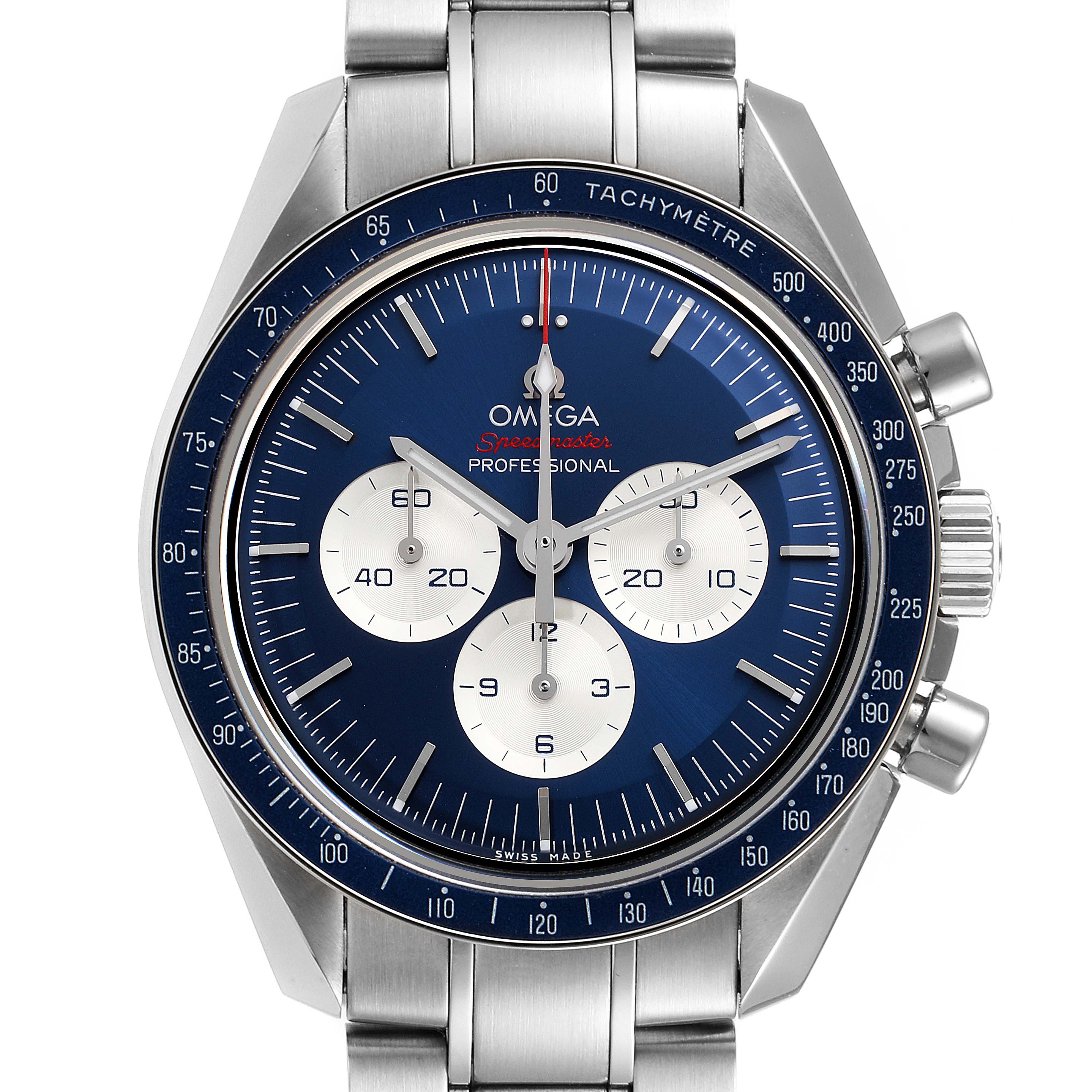 This image shows a front view of the Omega Speedmaster 522.30.42.30.03.001 Men's Stainless Steel Blue Dial 522.30.42.30.03.001 Men's Stainless Steel Blue Dial watch, featuring its dial, tachymeter bezel, and chronograph subdials.