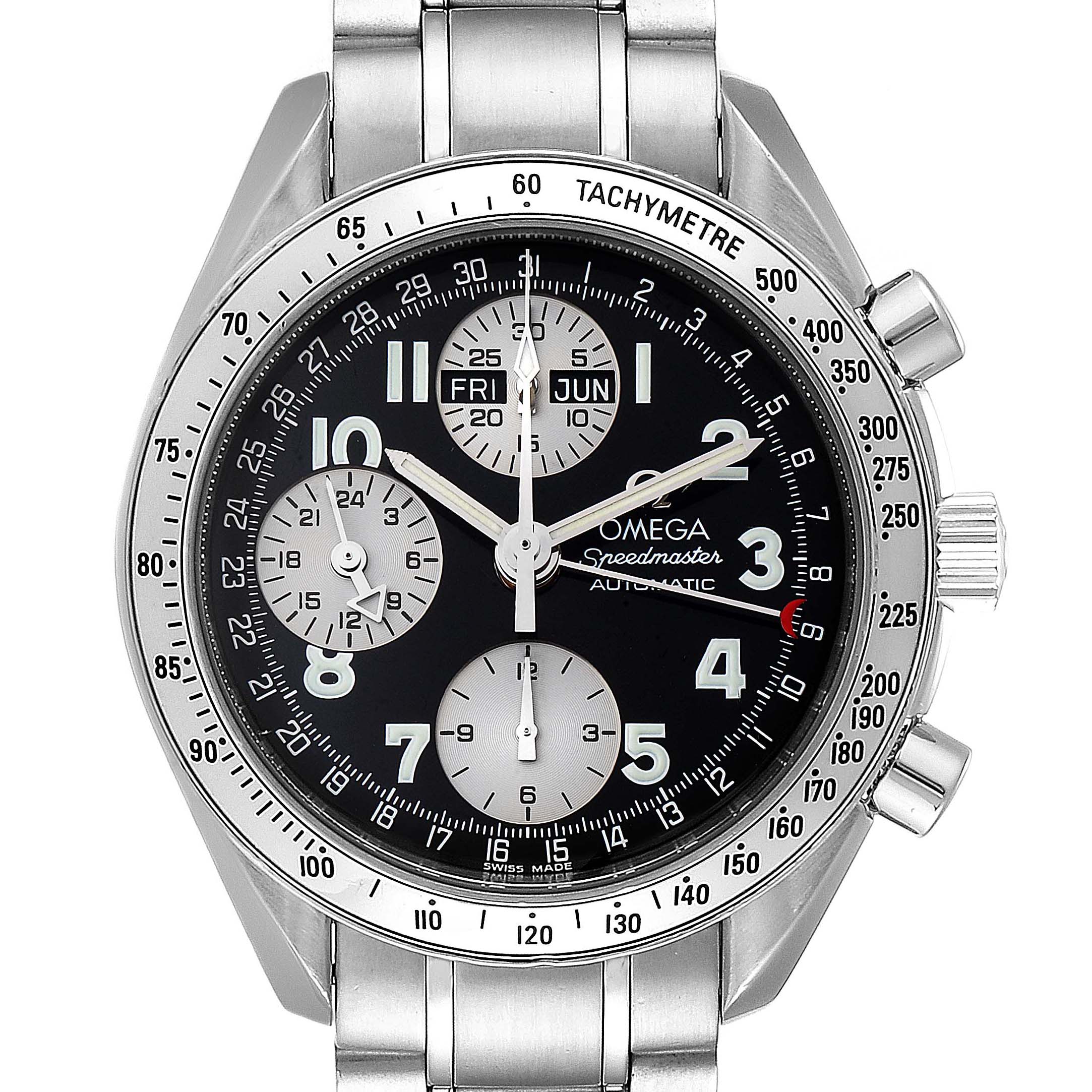 This image shows a front view of the Omega Speedmaster 3523.51.00 Men's Stainless Steel Black Dial 3523.51.00 Men's Stainless Steel Black Dial watch, displaying the dial, tachymeter, and bracelet.
