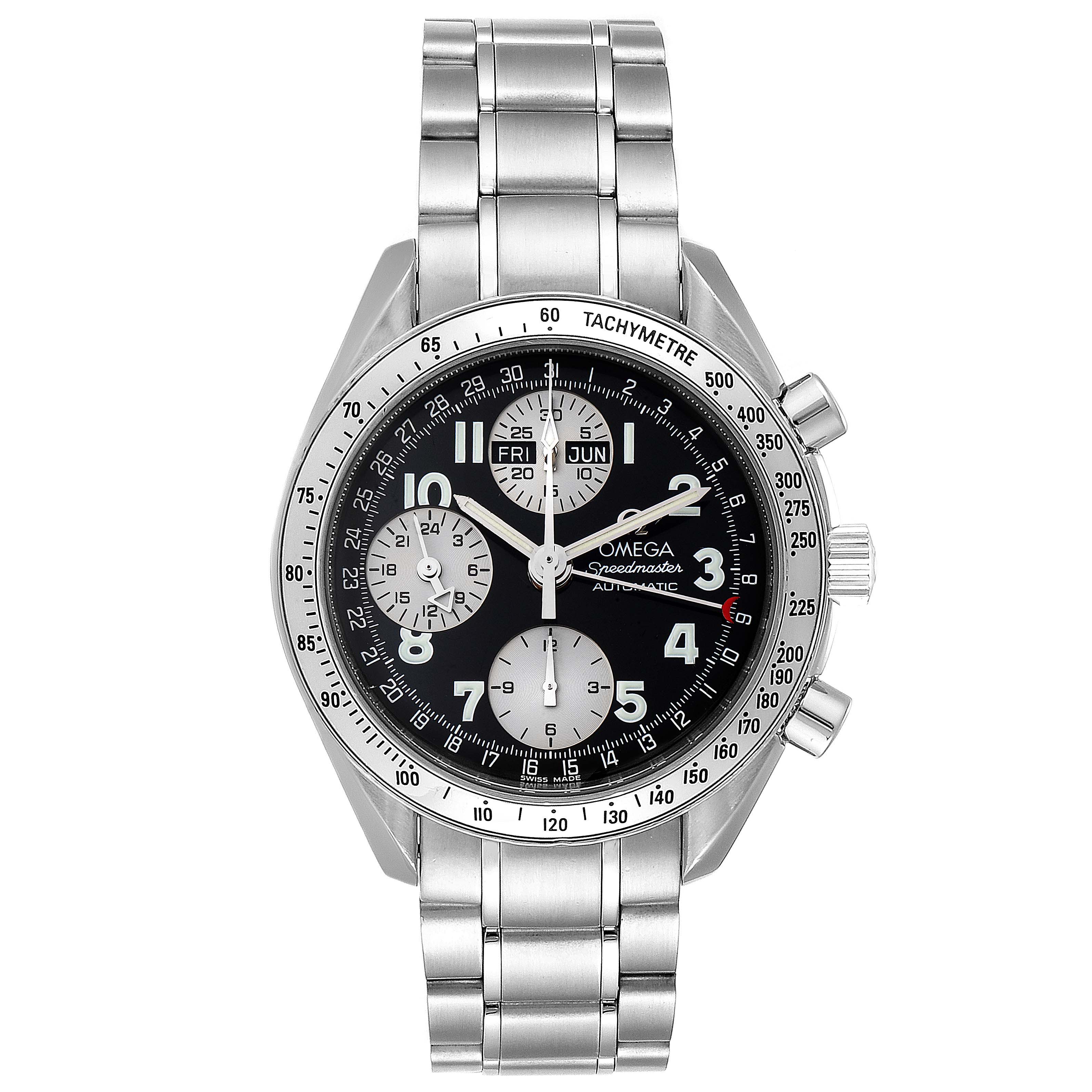 This image shows a front view of the Omega Speedmaster 3523.51.00 Men's Stainless Steel Black Dial 3523.51.00 Men's Stainless Steel Black Dial watch, detailing the face, bezel, and stainless steel bracelet.