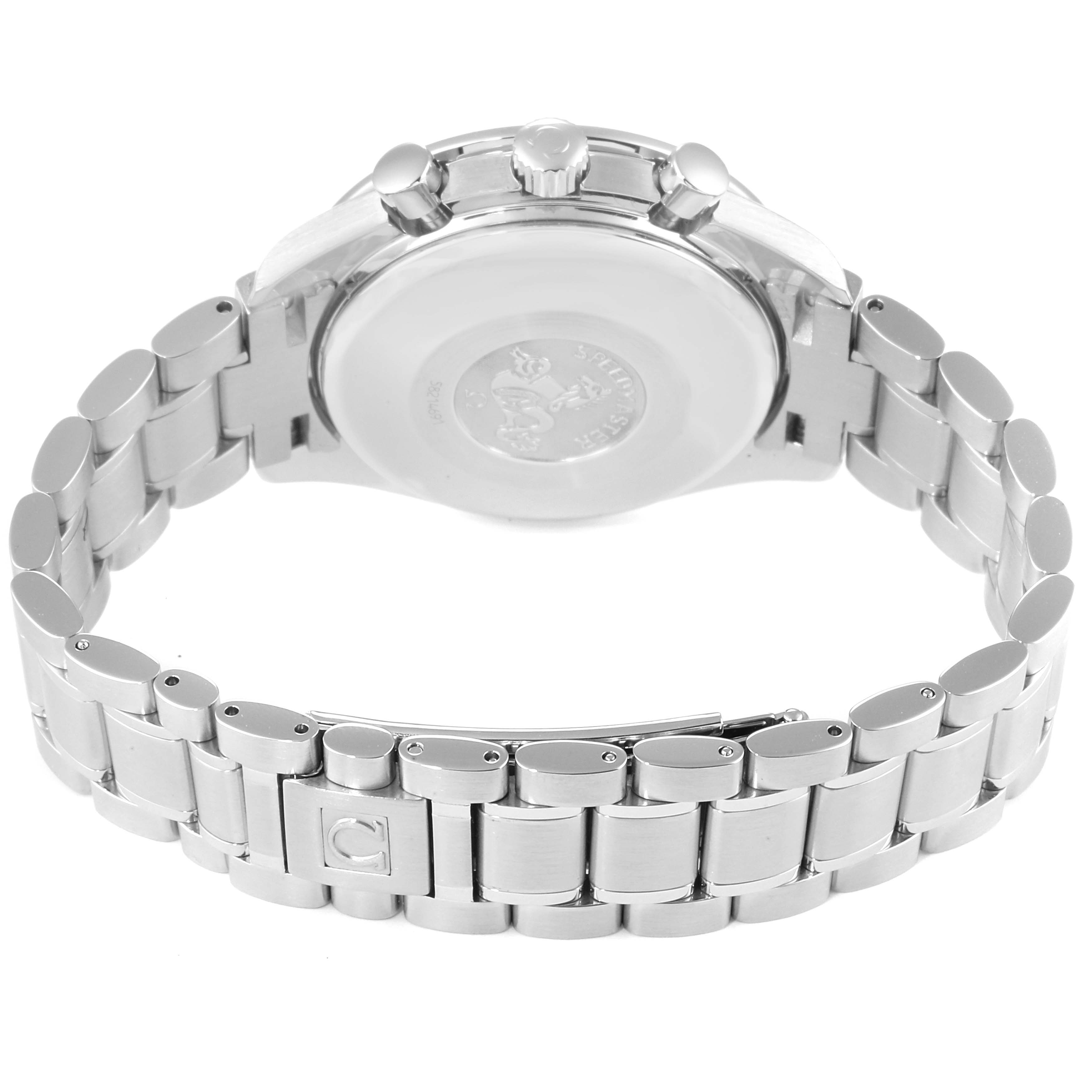 The image shows the back and side view of an Omega Speedmaster 3523.51.00 Men
s Stainless Steel Black Dial 3523.51.00 Men
s Stainless Steel Black Dial watch, focusing on the case back and the metal bracelet.