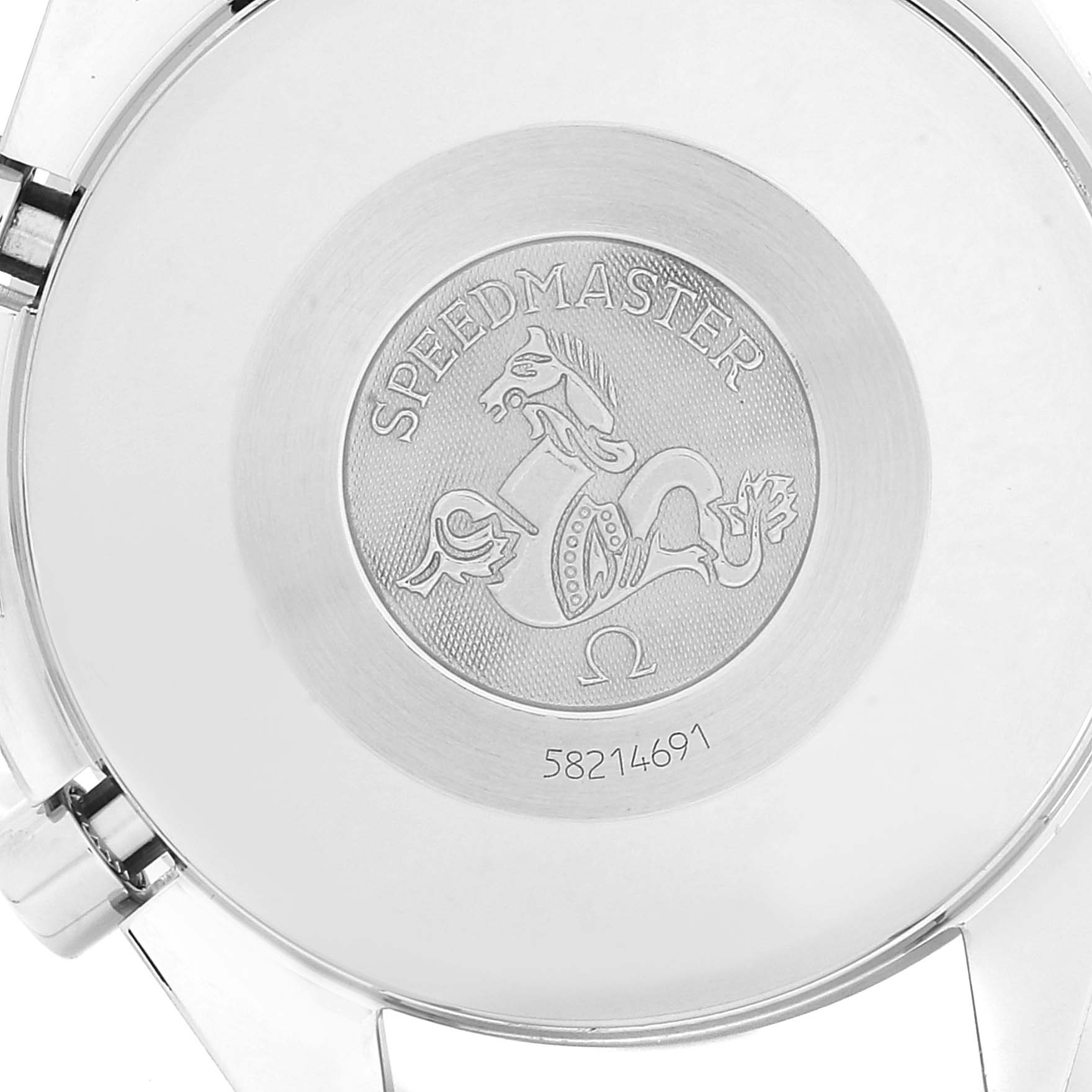 This image shows the backside of an Omega Speedmaster 3523.51.00 Men
s Stainless Steel Black Dial 3523.51.00 Men
s Stainless Steel Black Dial watch, displaying its engraved logo and serial number.