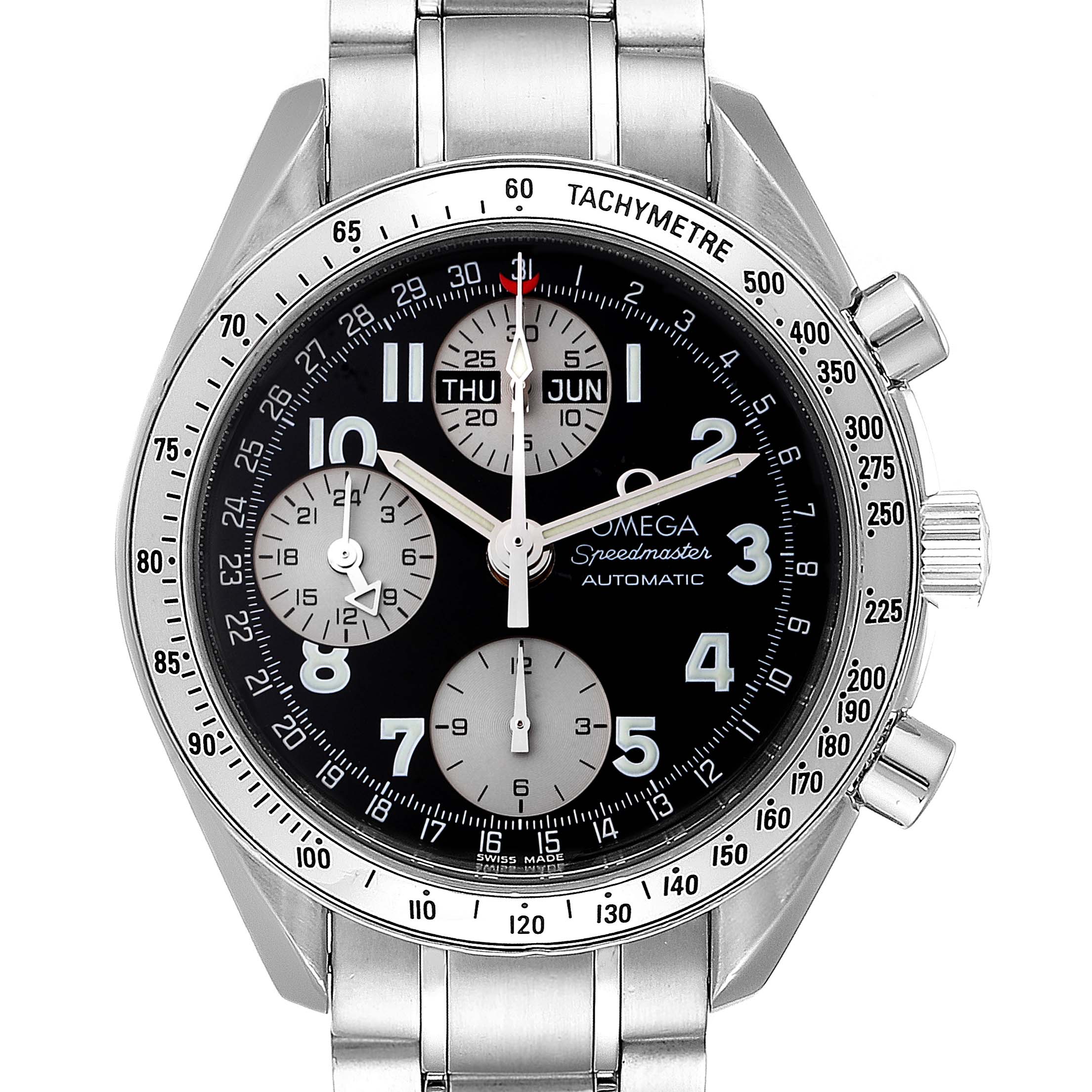 This is a front view of the Omega Speedmaster 3523.51.00 Men
s Stainless Steel Black Dial 3523.51.00 Men
s Stainless Steel Black Dial watch, showing the face, tachymeter bezel, chronograph sub-dials, and steel bracelet.
