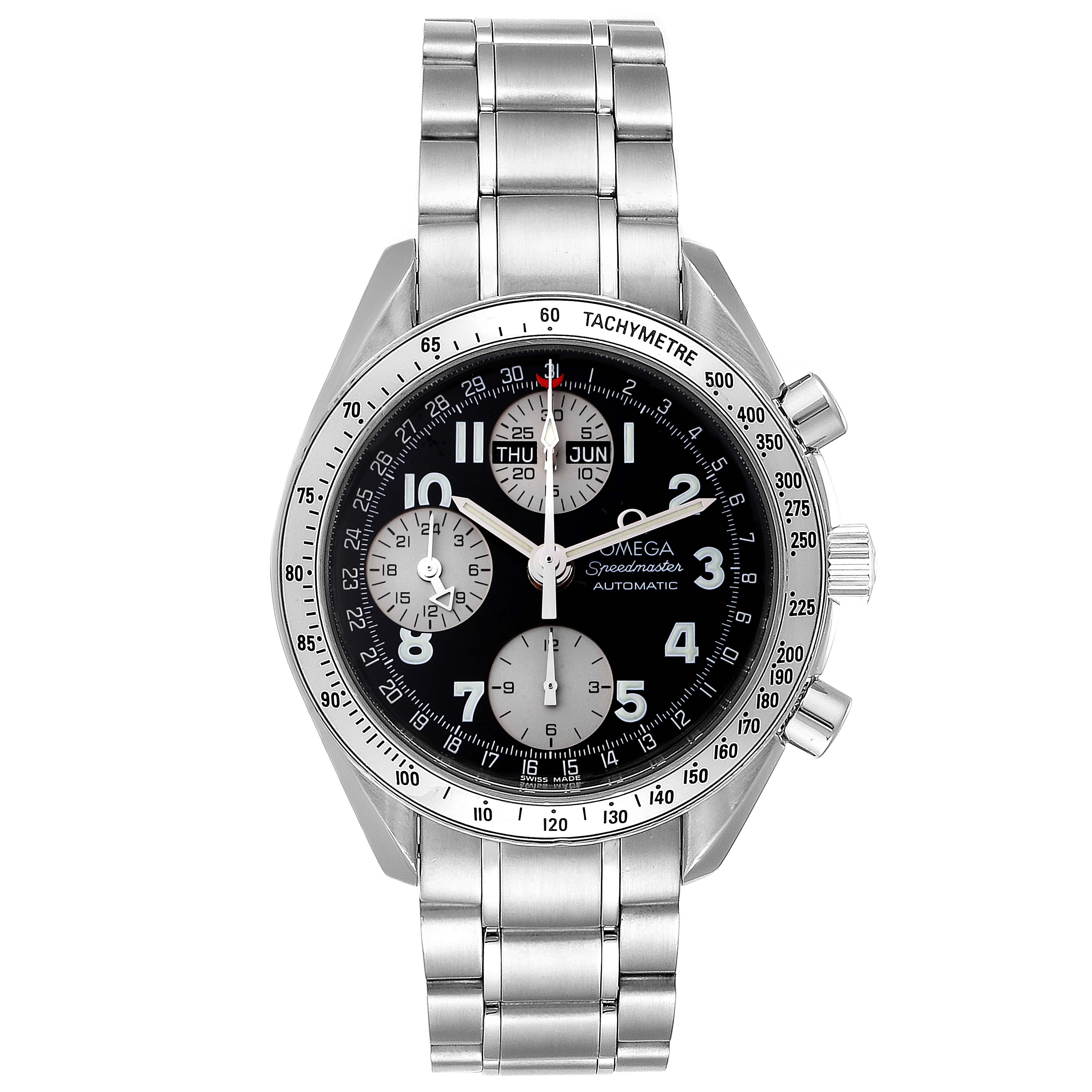 The Omega Speedmaster 3523.51.00 Men
s Stainless Steel Black Dial 3523.51.00 Men
s Stainless Steel Black Dial watch is shown from the front, displaying its dial, bezel, subdials, pushers, and bracelet.