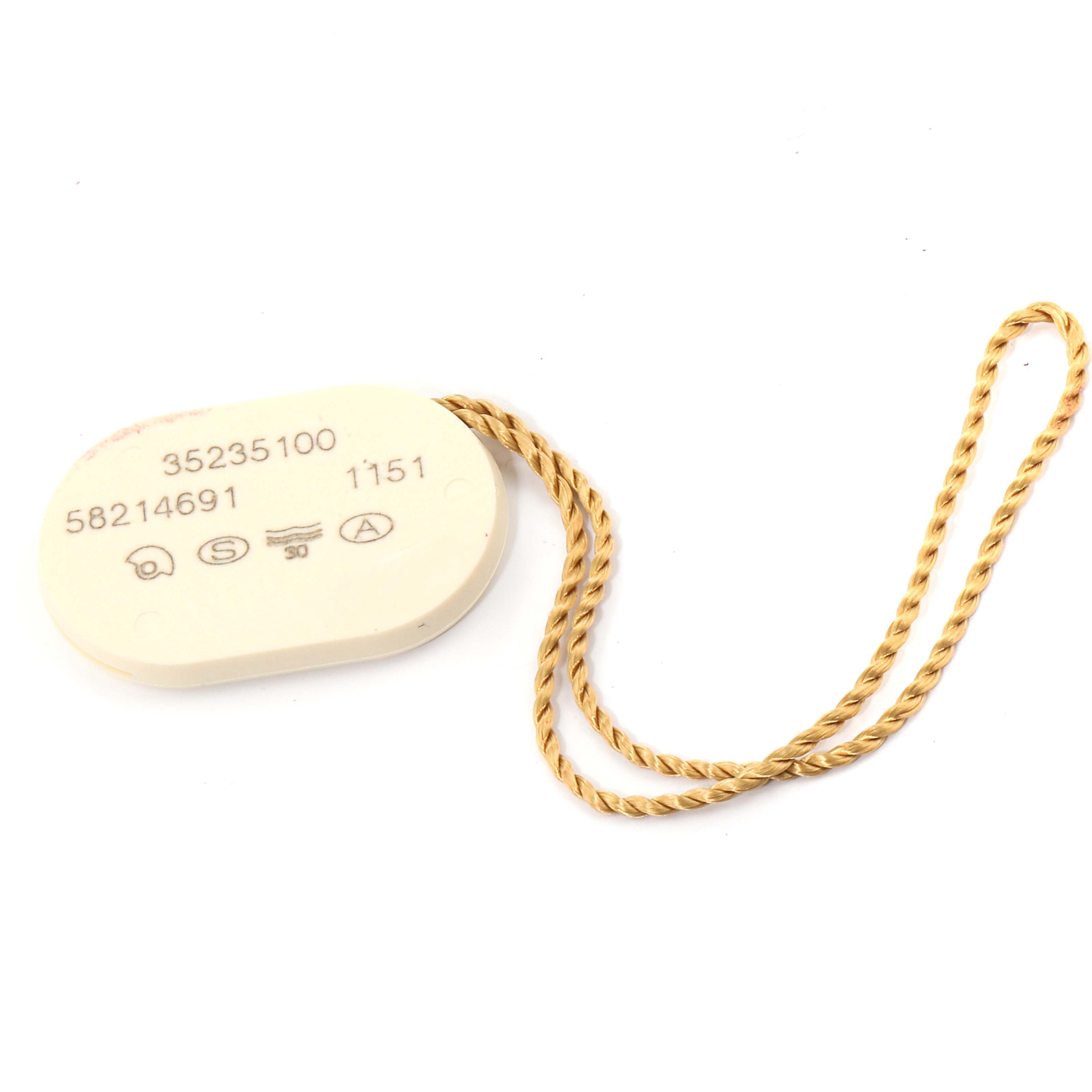 This is a close-up of the Omega Speedmaster 3523.51.00 Men
s Stainless Steel Black Dial 3523.51.00 Men
s Stainless Steel Black Dial
s off-white tag with some numbers and a golden string attached.