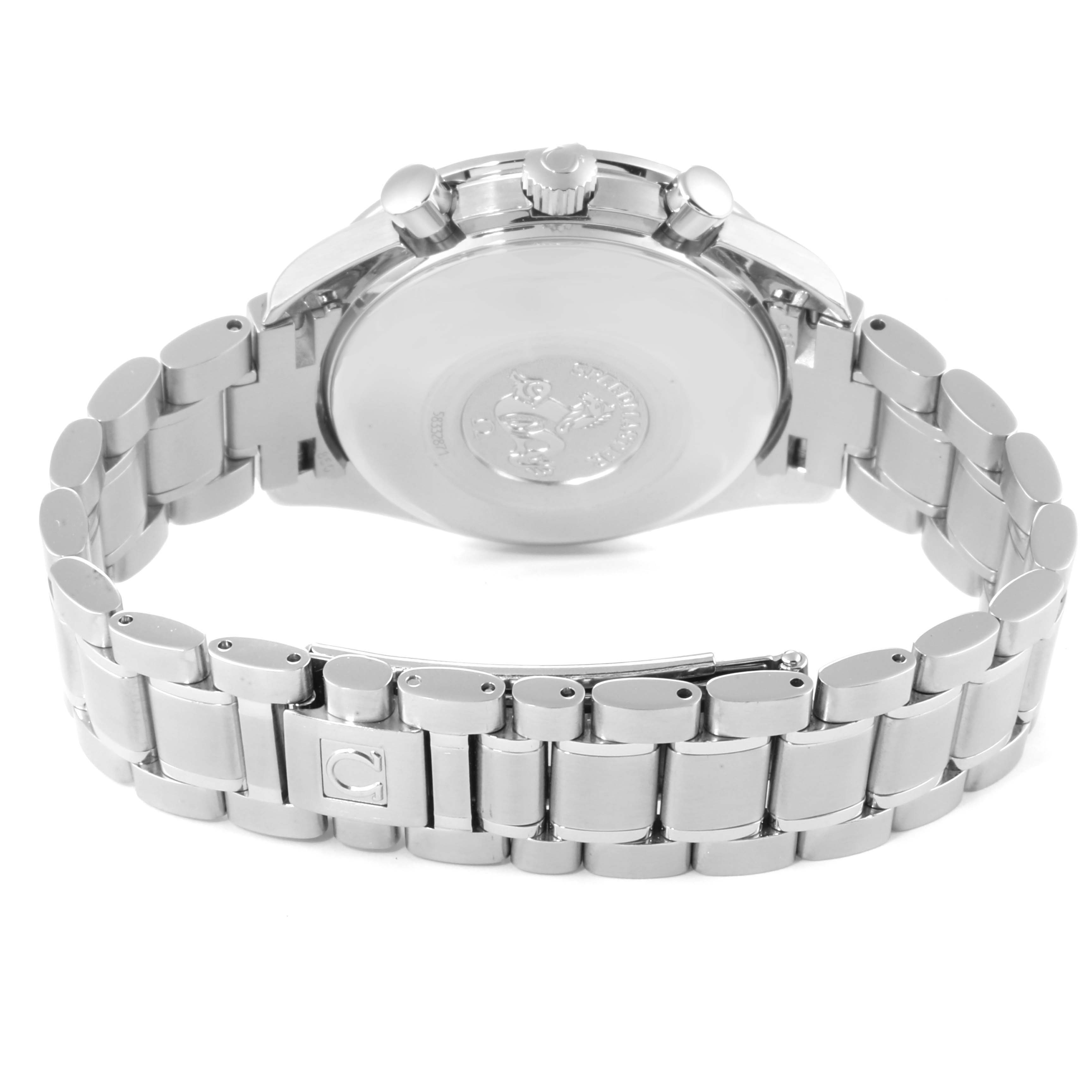 The image shows the back and bracelet of an Omega Speedmaster 3523.51.00 Men's Stainless Steel Black Dial 3523.51.00 Men's Stainless Steel Black Dial watch.