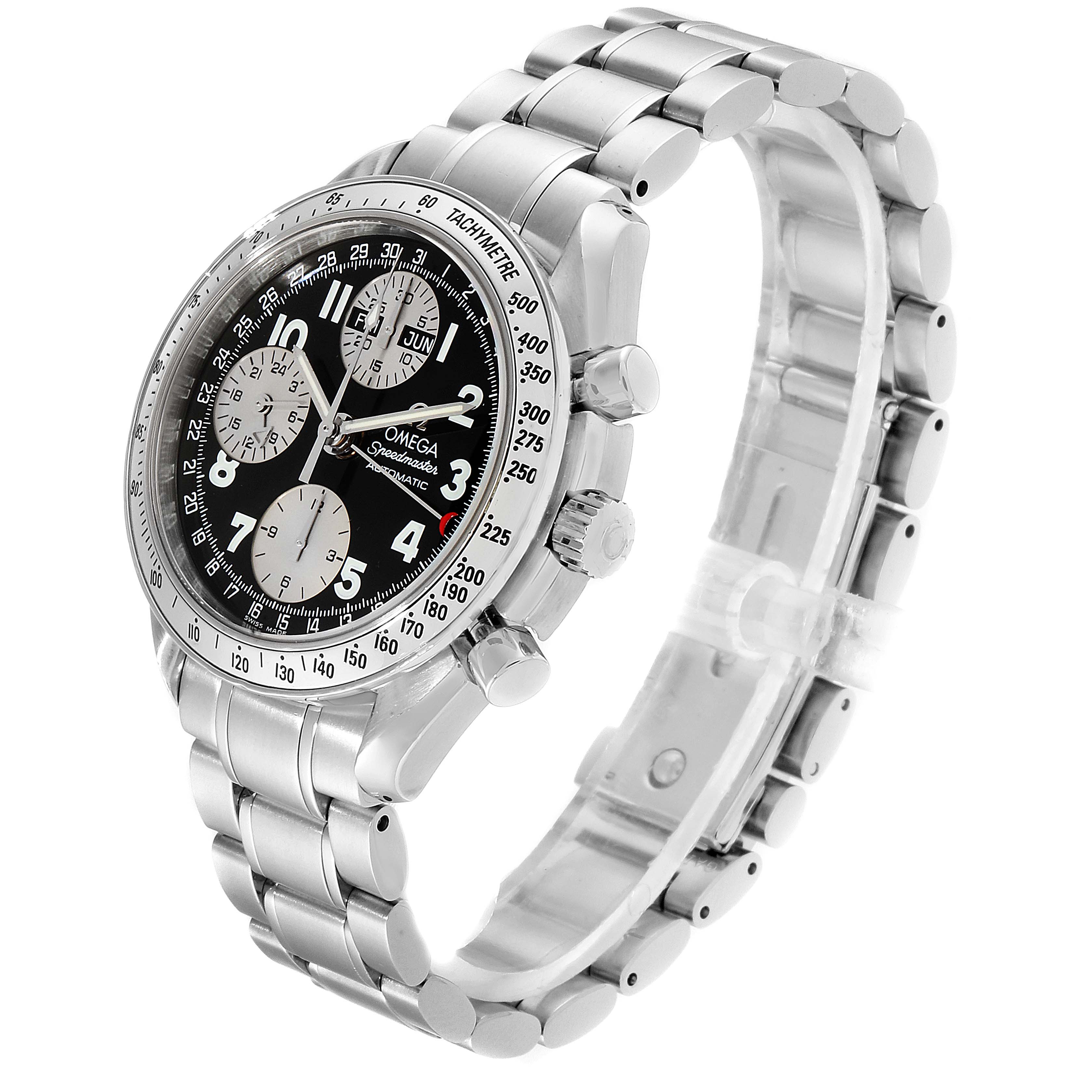 The image shows an Omega Speedmaster 3523.51.00 Men's Stainless Steel Black Dial 3523.51.00 Men's Stainless Steel Black Dial watch at a slightly tilted angle, highlighting the face, bezel, crown, pushers, and metal bracelet.