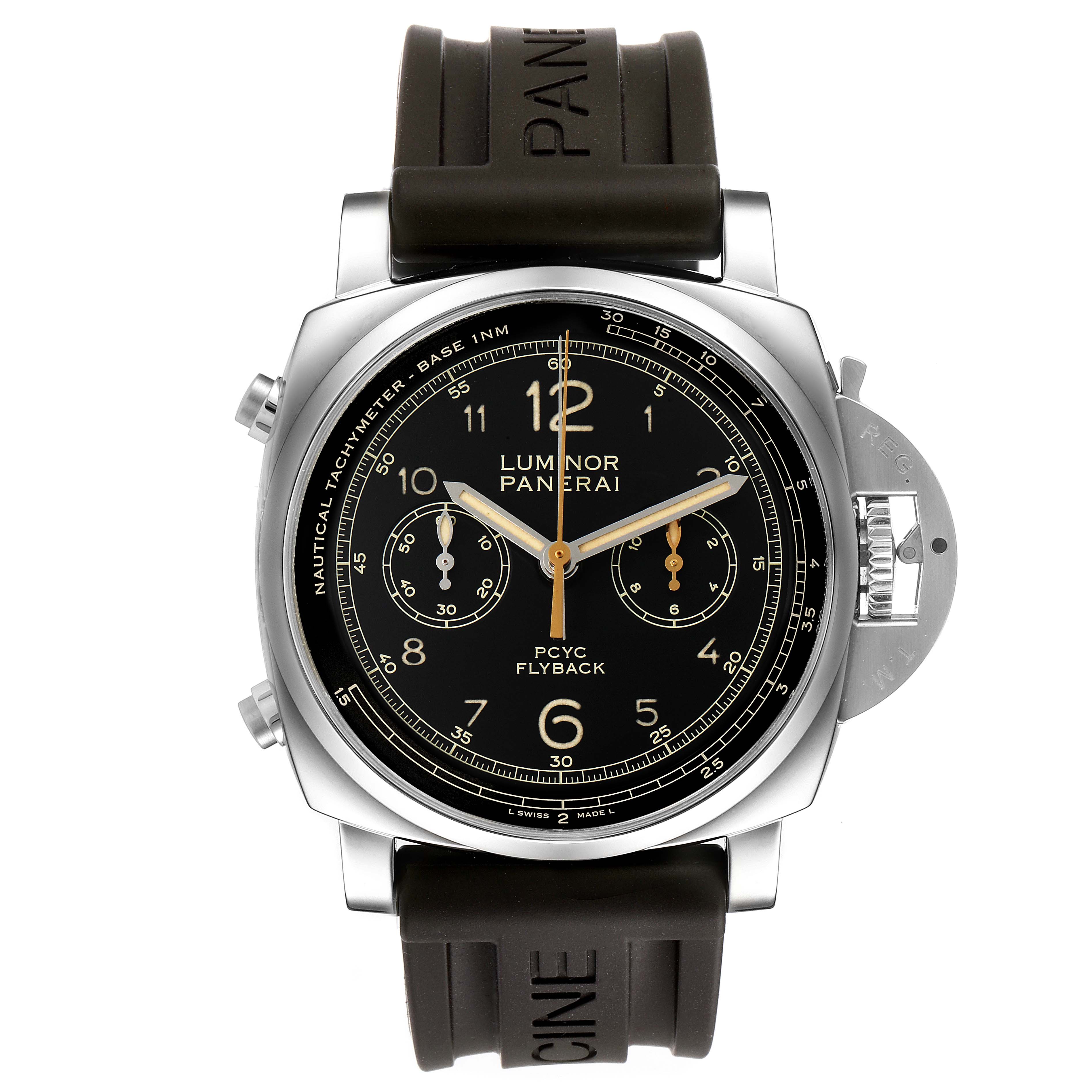 The image shows a front view of a Panerai Luminor PAM00653 Men
s Stainless Steel Black Dial PAM00653 Men
s Stainless Steel Black Dial PCYC Flyback watch, highlighting its black dial and rubber strap.