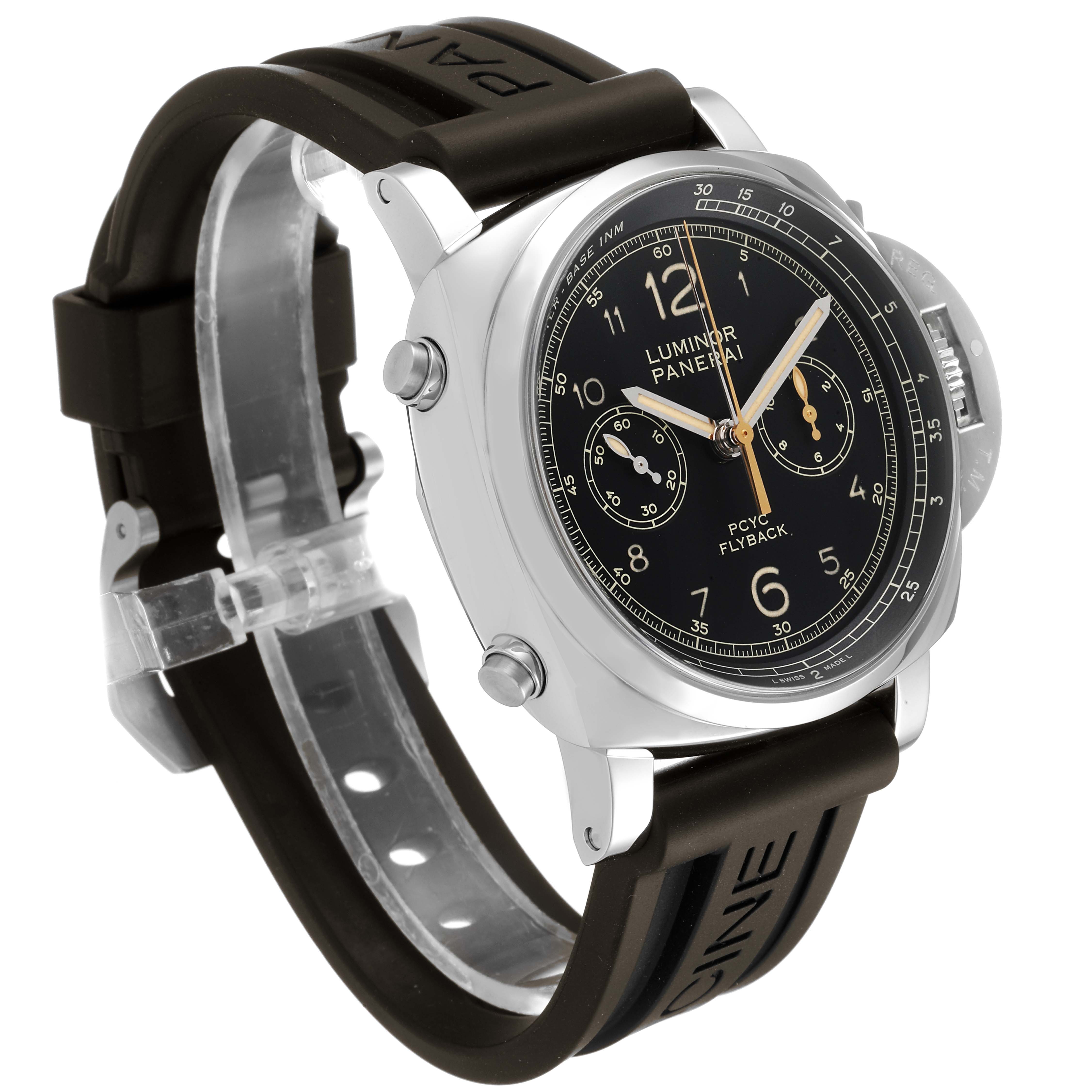 The Panerai Luminor PAM00653 Men
s Stainless Steel Black Dial PAM00653 Men
s Stainless Steel Black Dial watch is shown from a front-angle view, highlighting its black dial, chronograph sub-dials, and black rubber strap.