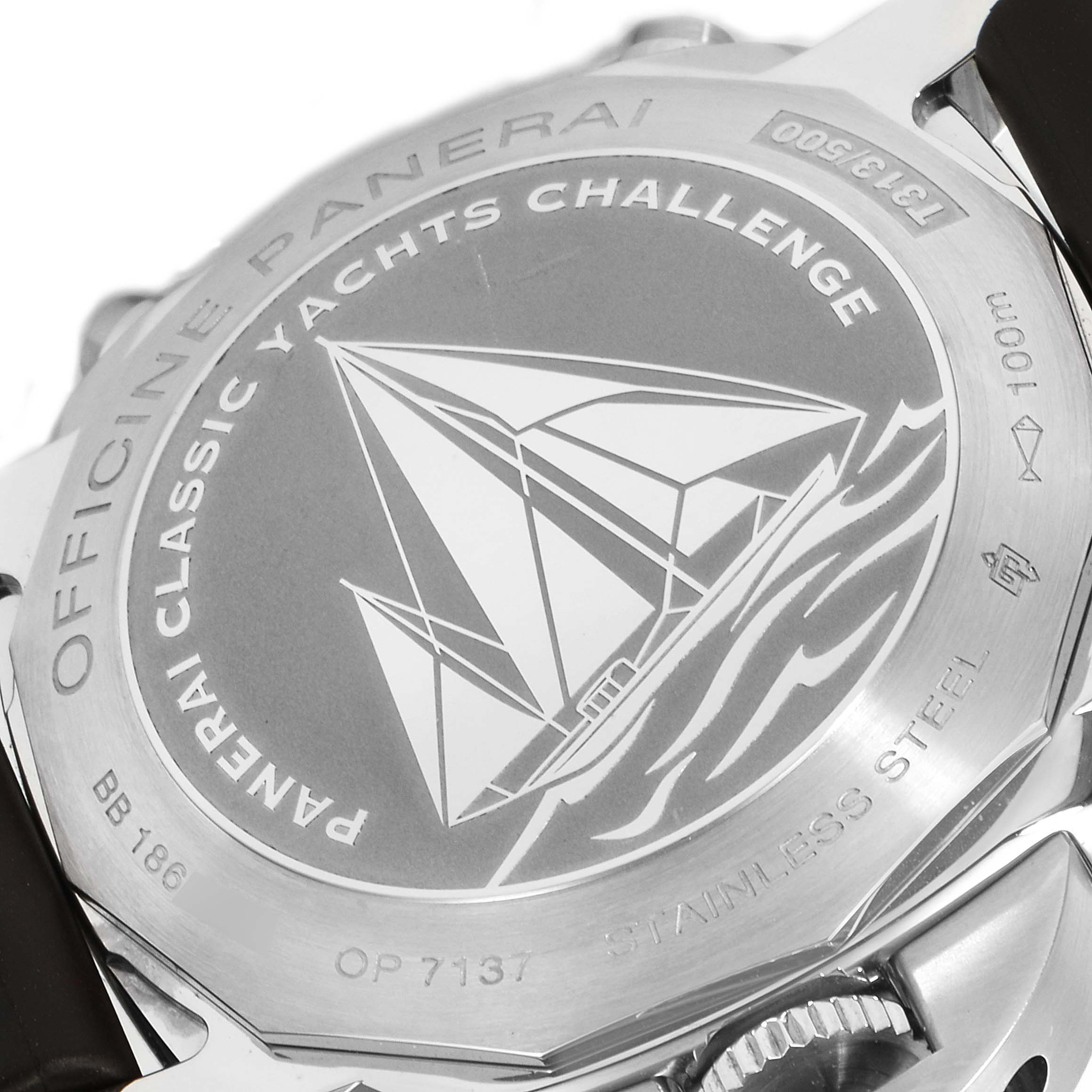 The image shows the engraved case back of a Panerai Luminor PAM00653 Men
s Stainless Steel Black Dial PAM00653 Men
s Stainless Steel Black Dial watch, highlighting the "Officine Panerai Classic Yachts Challenge."