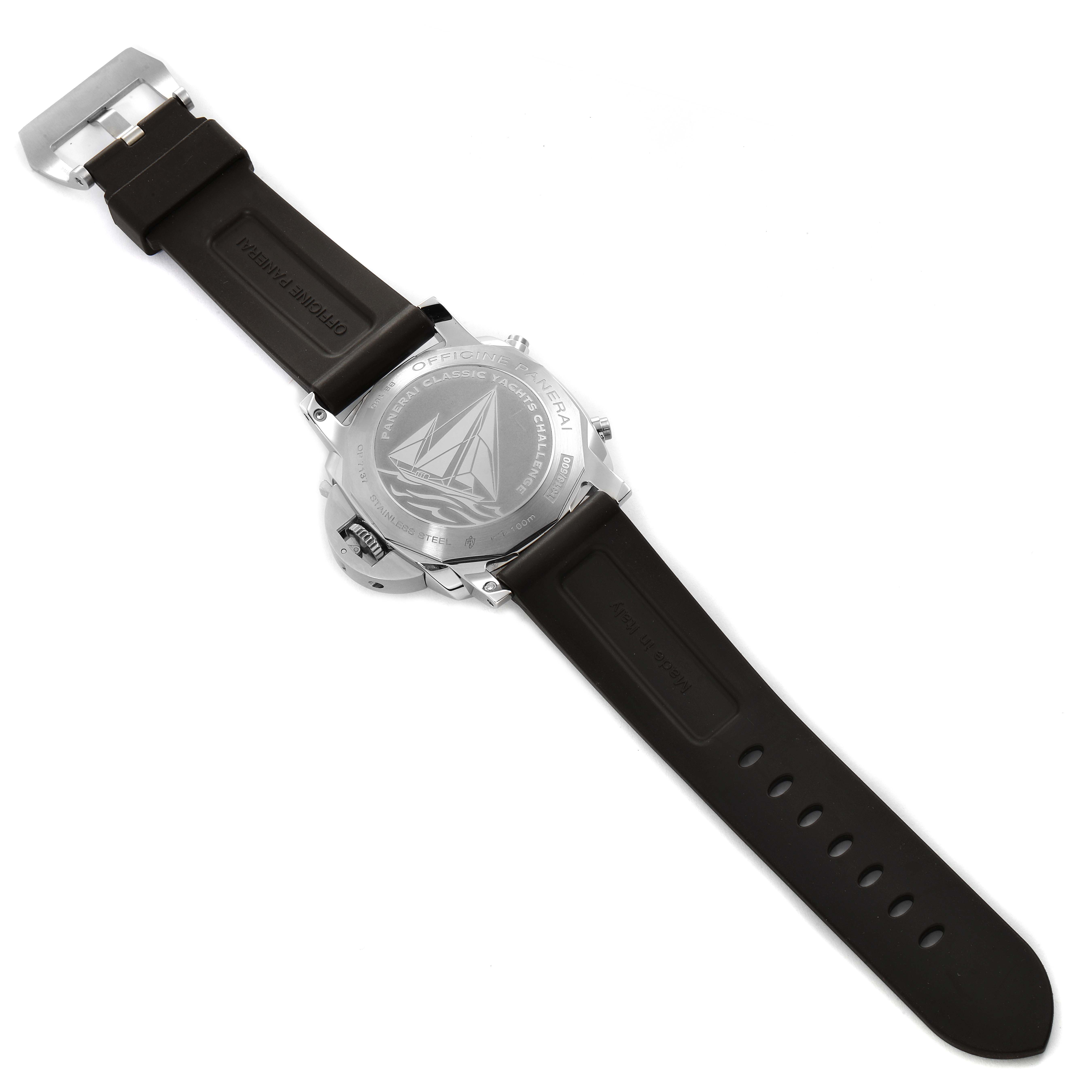 This image shows the back and strap of a Panerai Luminor PAM00653 Men
s Stainless Steel Black Dial PAM00653 Men
s Stainless Steel Black Dial watch, emphasizing the engraved case back and rubber strap.