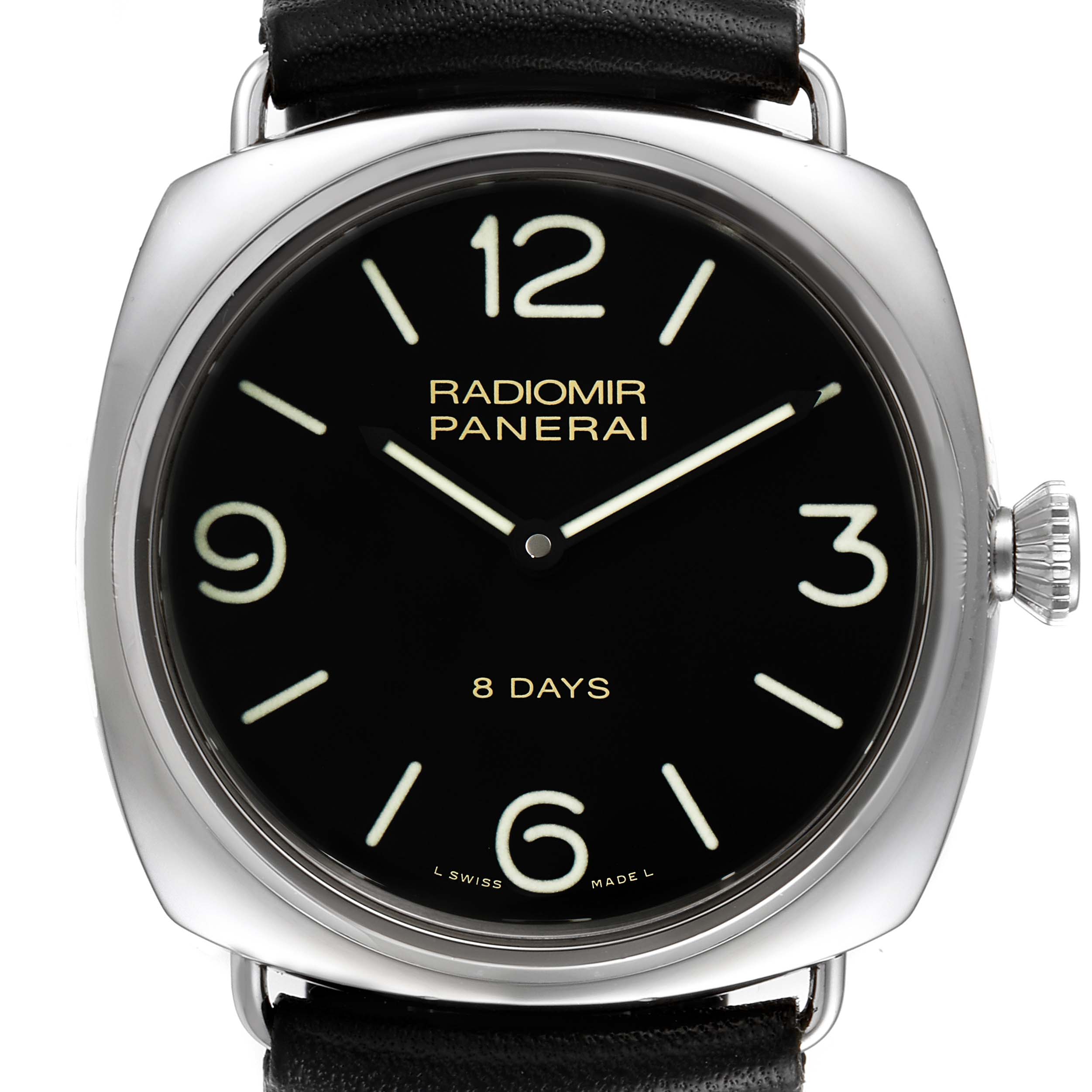 The Panerai Radiomir PAM00610 Men's Stainless Steel Black Dial PAM00610 Men's Stainless Steel Black Dial watch is shown from the front, displaying its black dial, luminous numbers, hands, and the "8 Days" label.