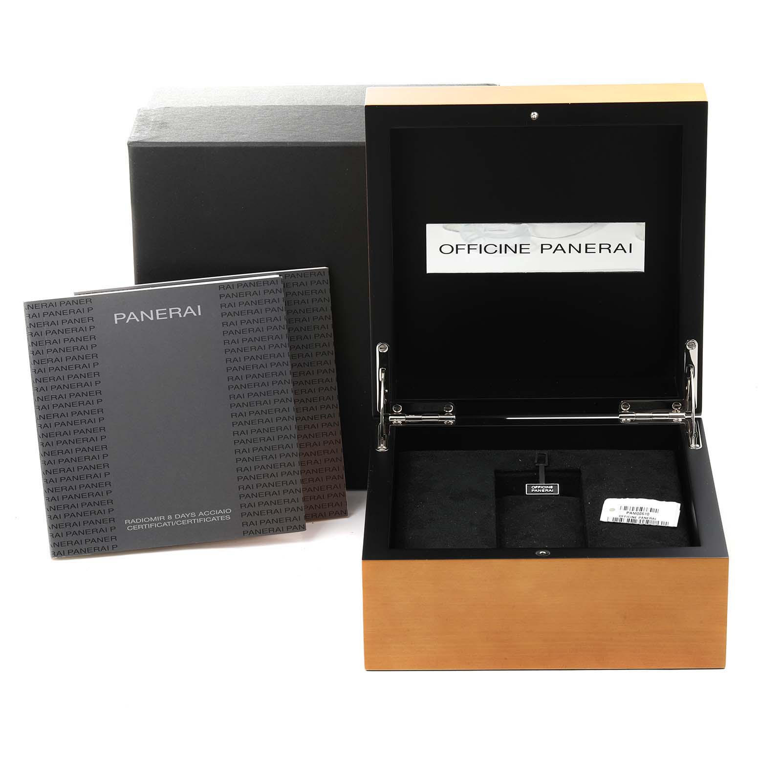 The image shows the open box and documentation for a Panerai Radiomir PAM00610 Men's Stainless Steel Black Dial PAM00610 Men's Stainless Steel Black Dial watch from a frontal angle.