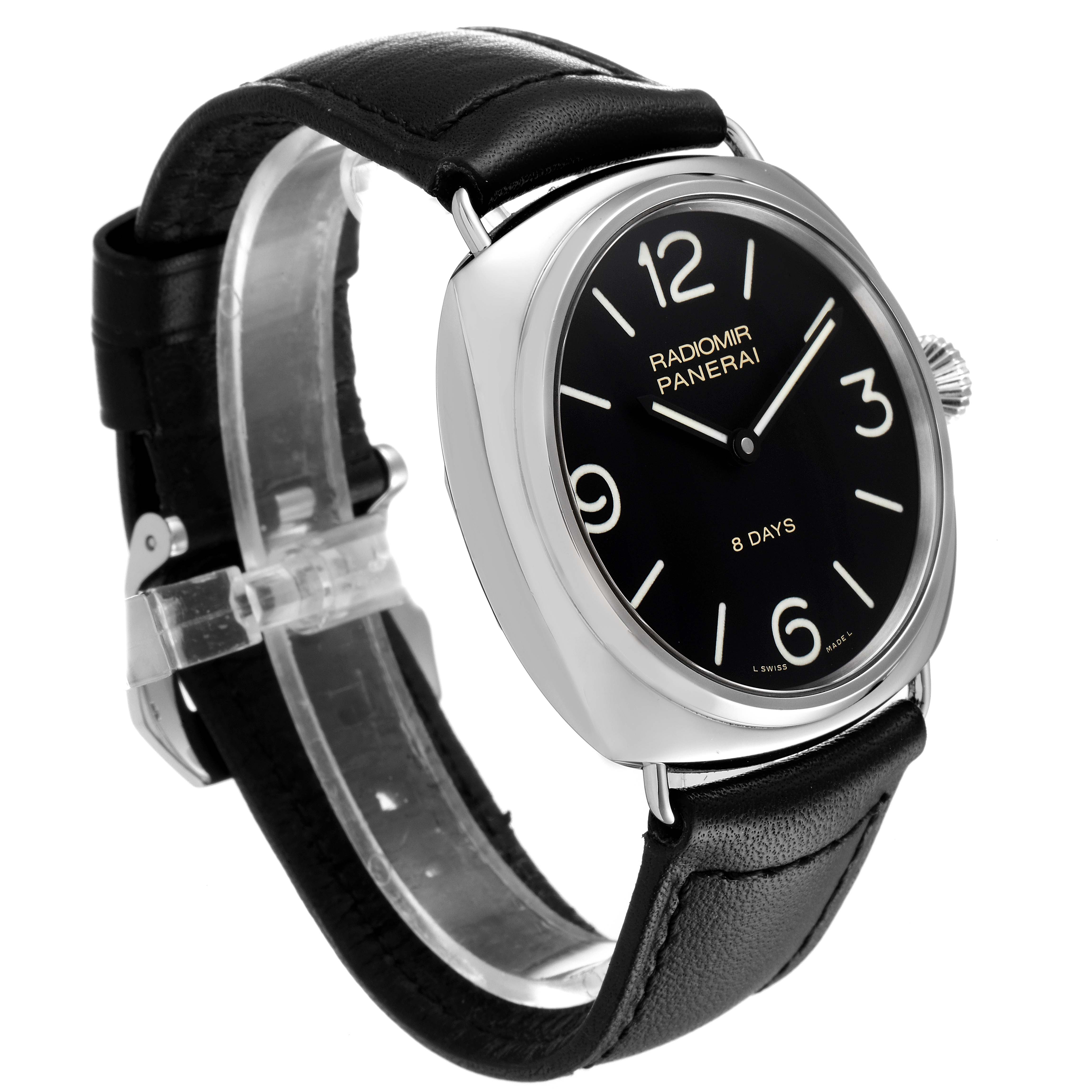 The image shows a Panerai Radiomir PAM00610 Men's Stainless Steel Black Dial PAM00610 Men's Stainless Steel Black Dial watch at a three-quarter angle, highlighting the face, crown, and leather strap.