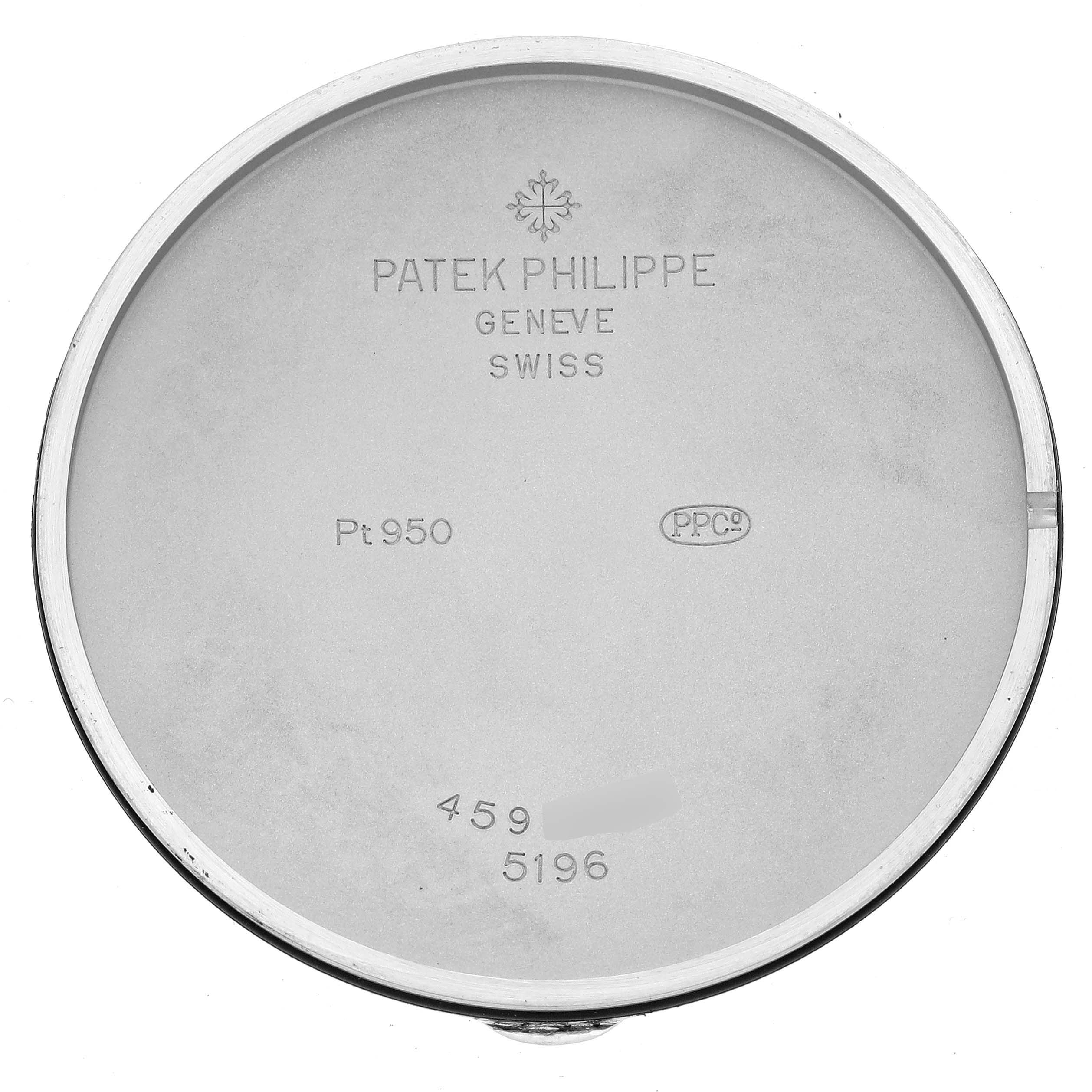 The image shows the interior back case of a Patek Philippe Calatrava 5196P-001 Men's Platinum Silver Dial model, featuring the brand's inscriptions and metal markings.